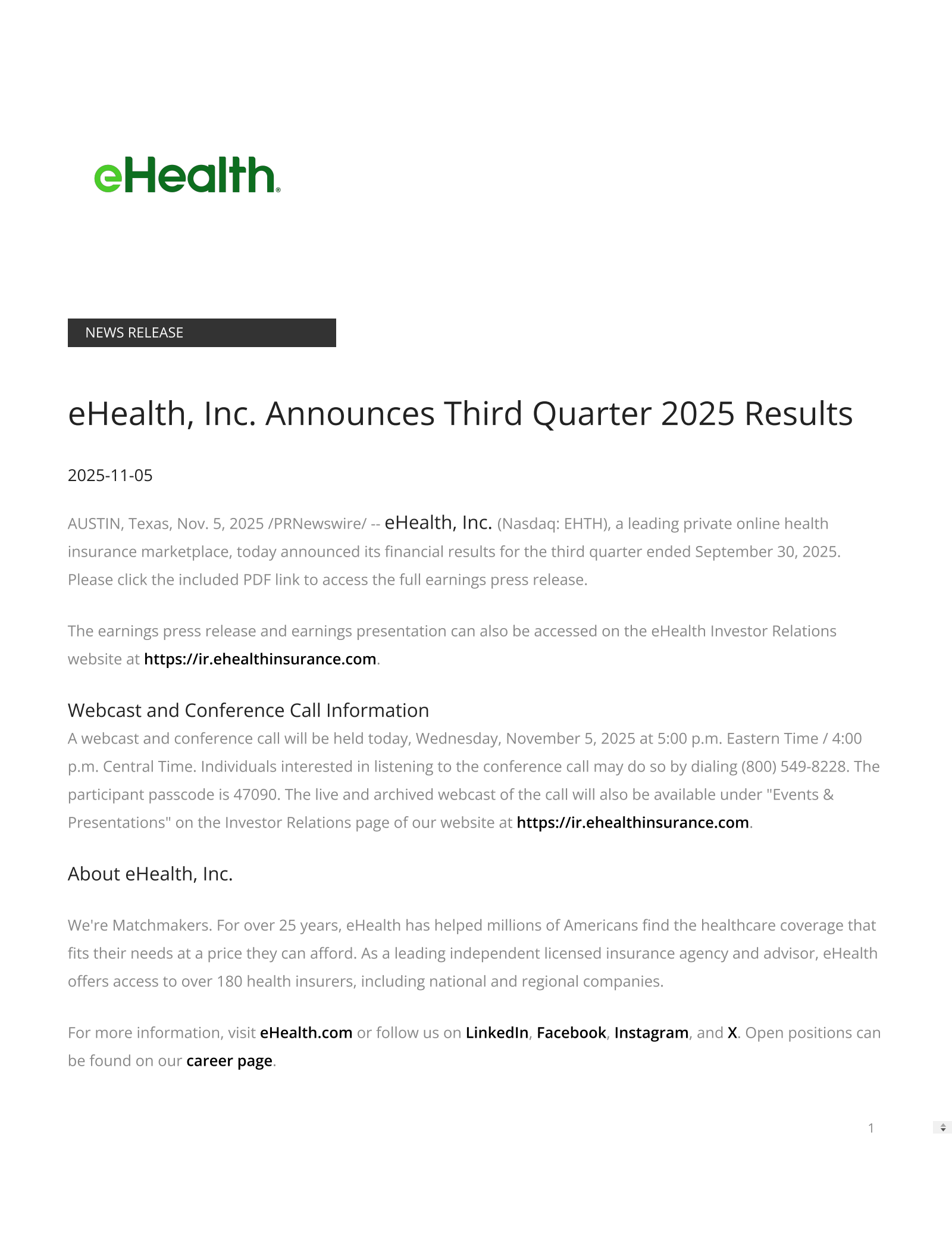 eHealth's Q3 2025 Earnings Release