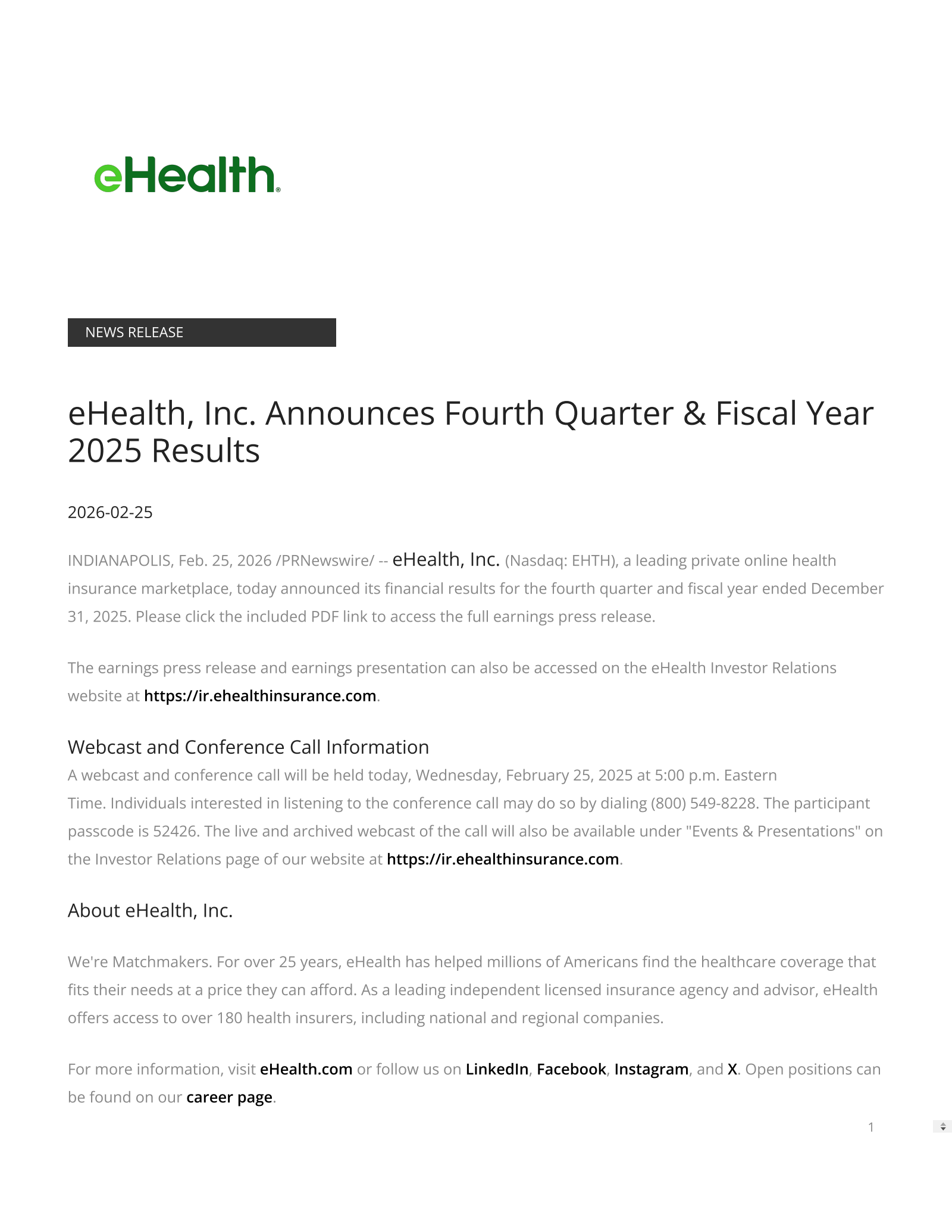 eHealth's Q4 2025 Press Release