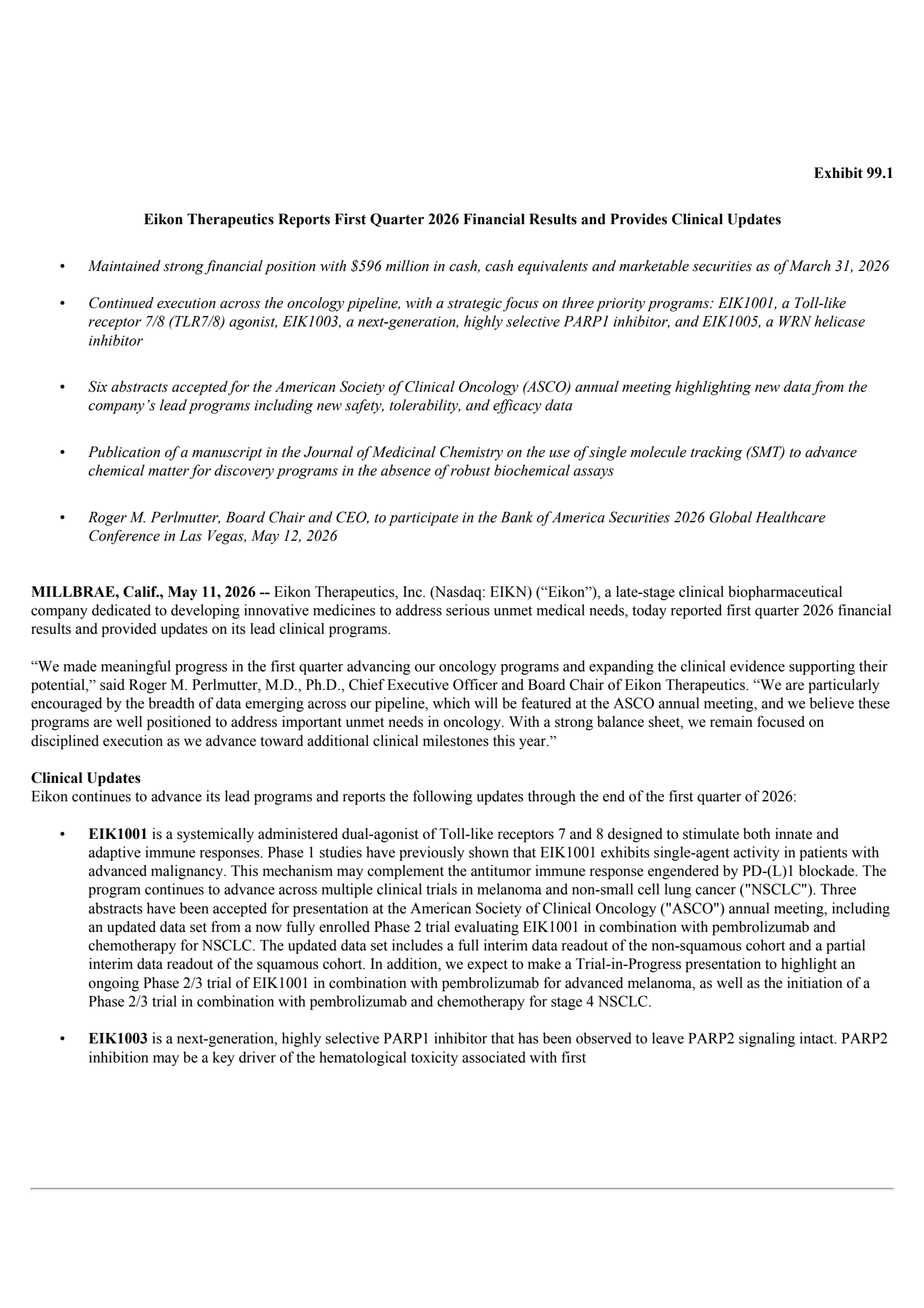 EIKN's Q1 2026 Press Release