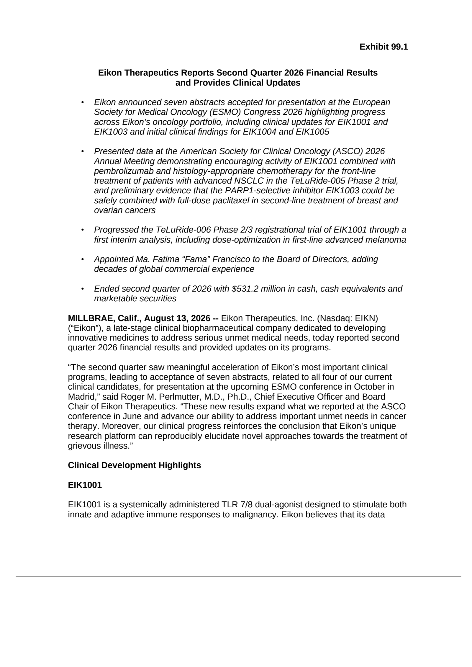 Eikon Therapeutics' Q2 2026 Press Release