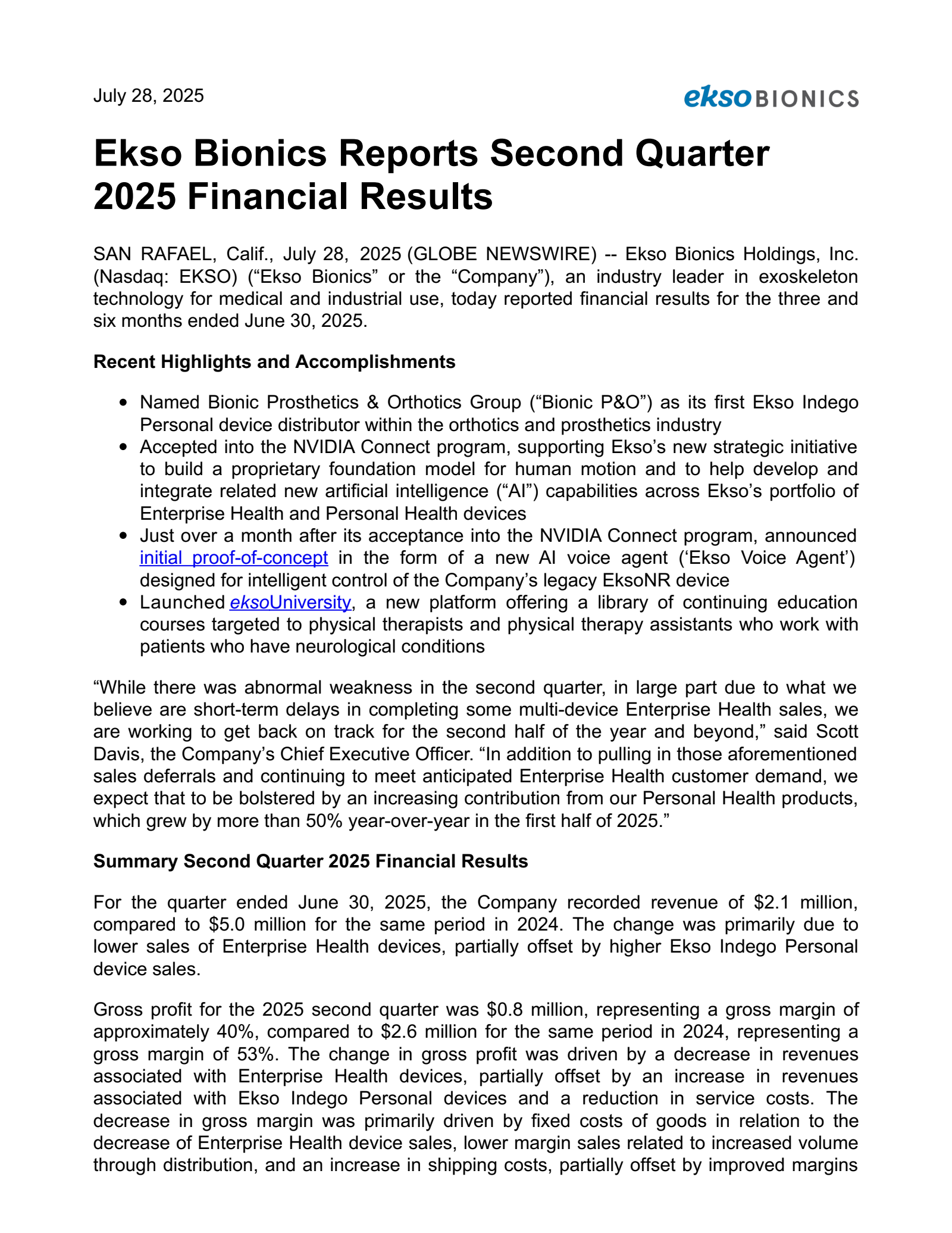 Ekso Bionics' Q2 2025 Press Release