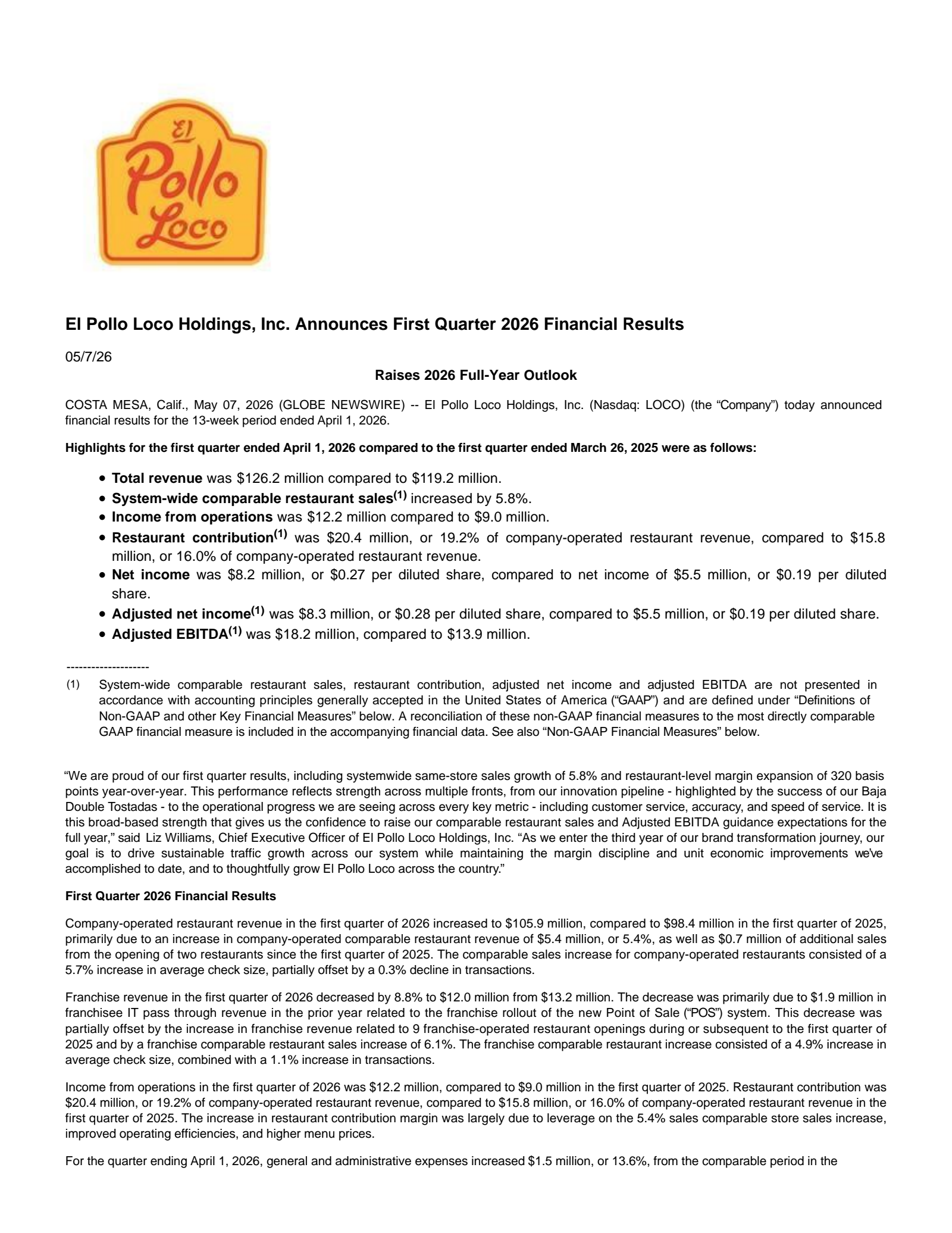El Pollo Loco's Q1 2026 Press Release
