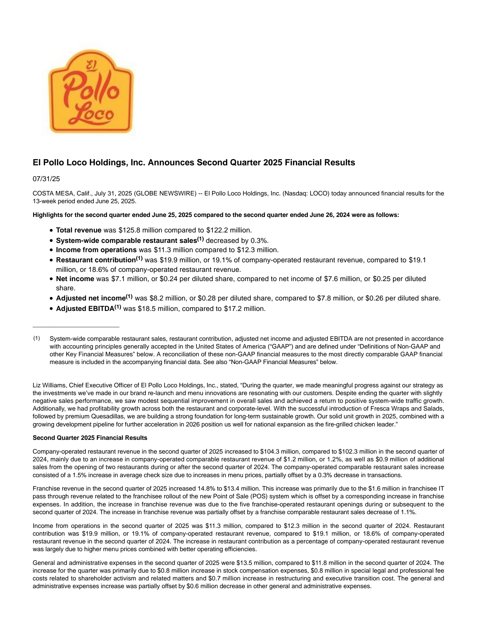 El Pollo Loco's Q2 2025 Press Release