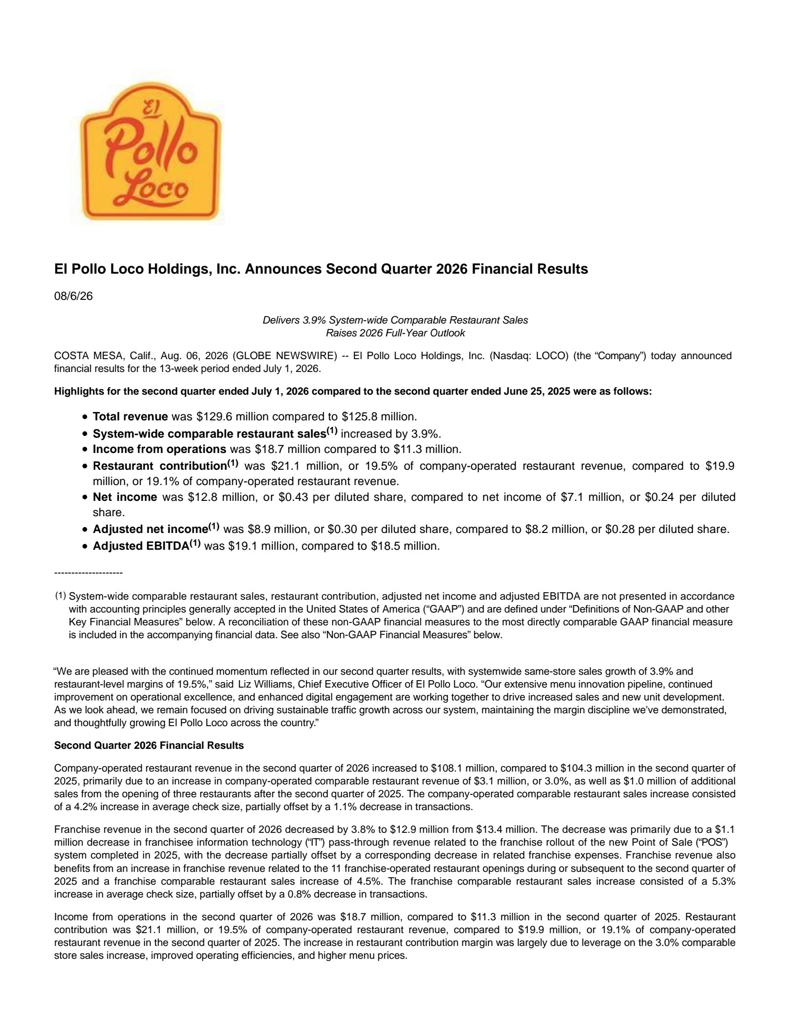 El Pollo Loco's Q2 2026 Press Release