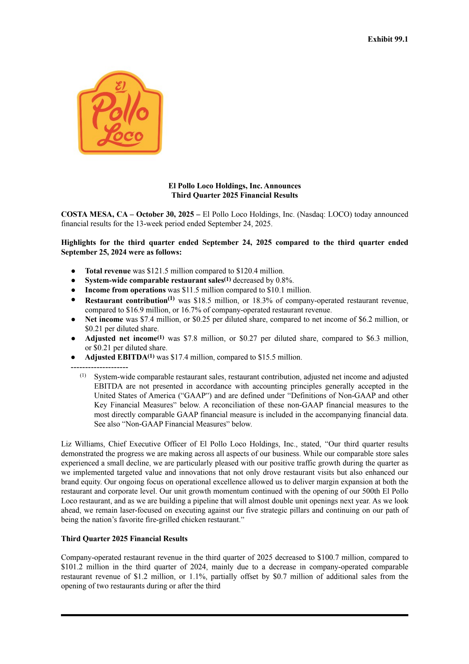 El Pollo Loco's Q3 2025 Earnings Release