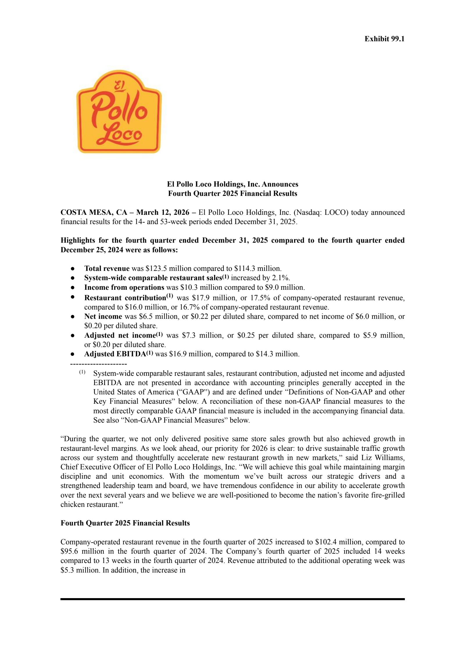 El Pollo Loco's Q4 2025 Press Release