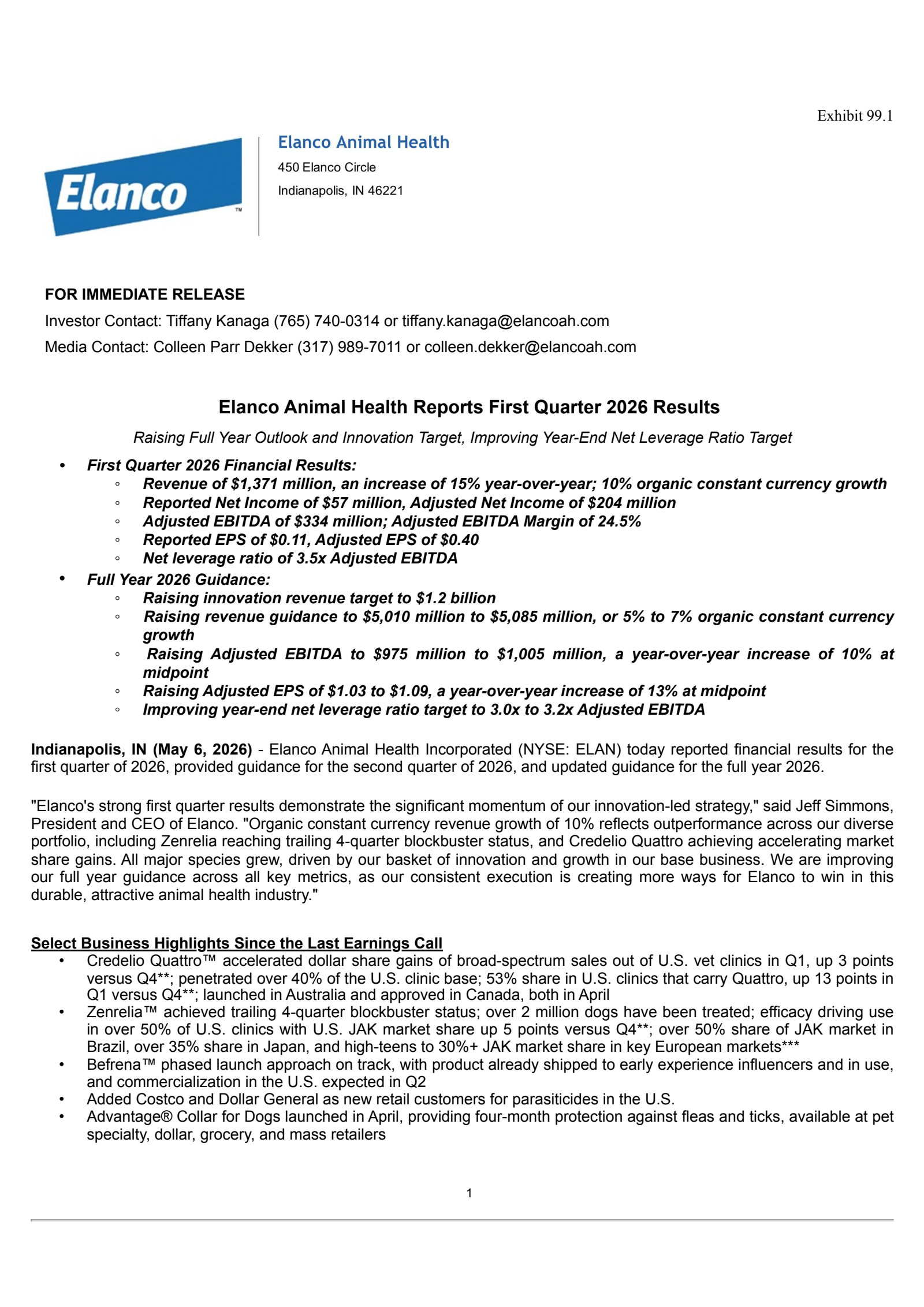 Elanco Animal Health's Q1 2026 Press Release