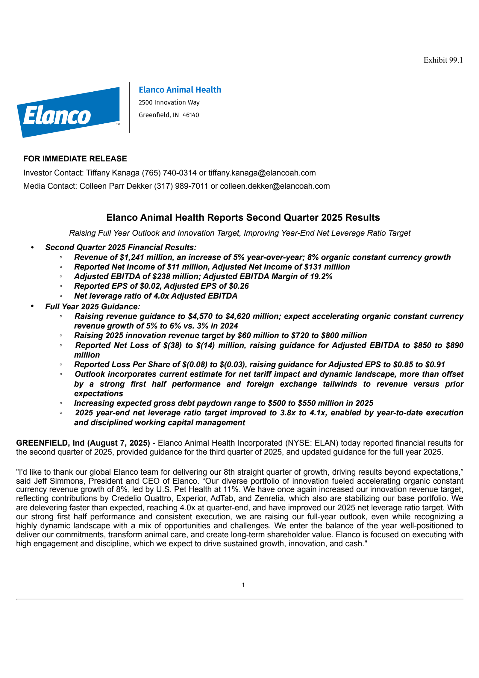Elanco Animal Health's Q2 2025 Press Release