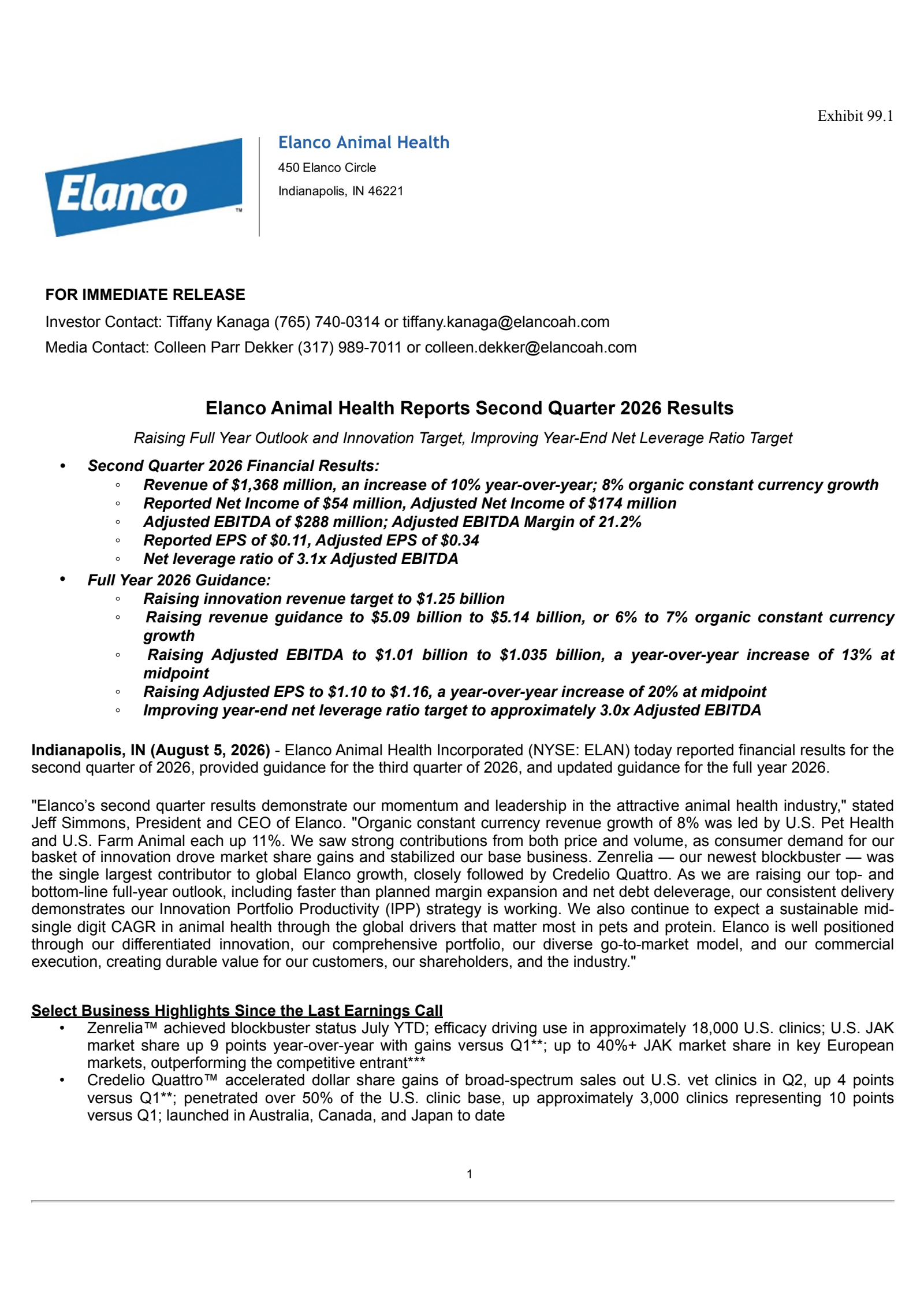 Elanco Animal Health's Q2 2026 Press Release