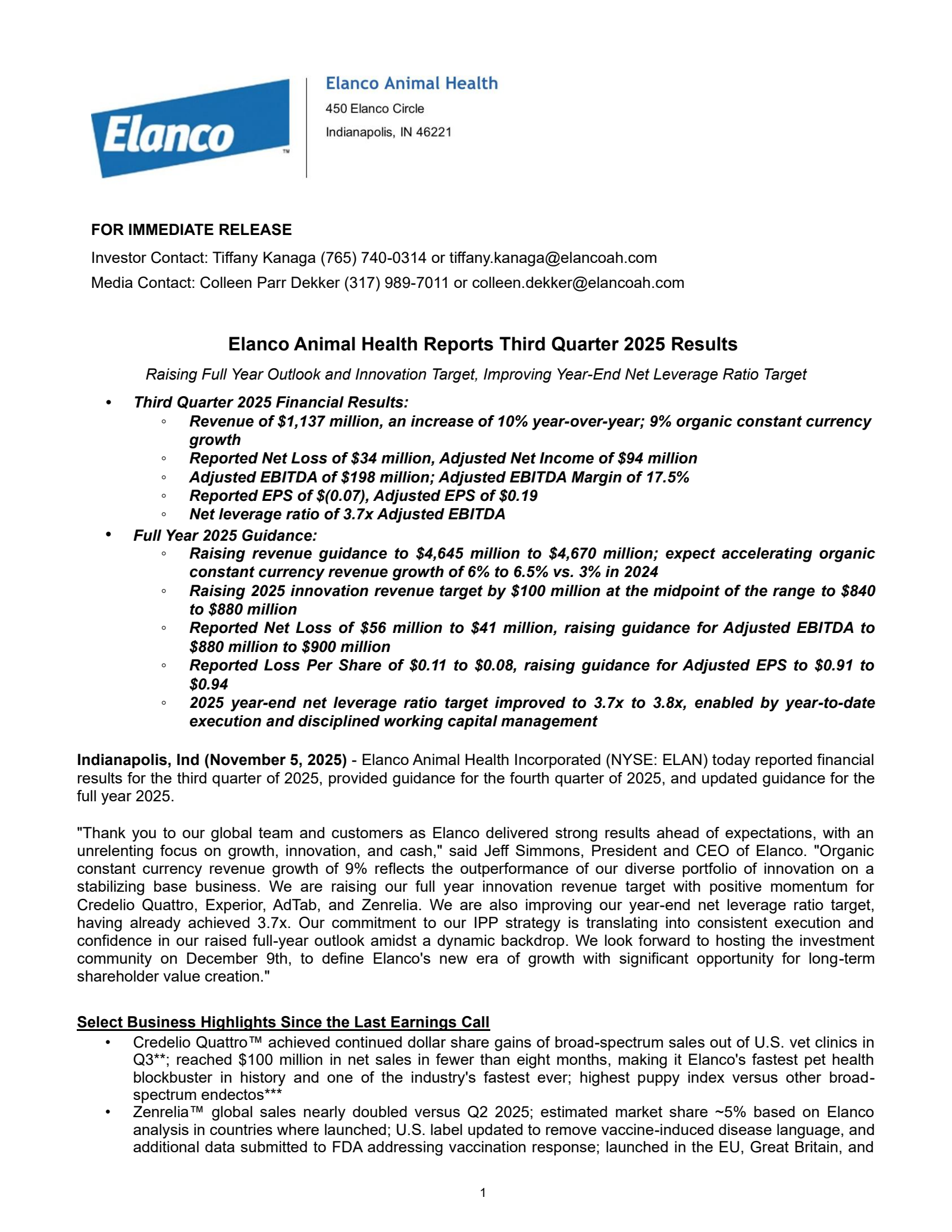 Elanco Animal Health's Q3 2025 Earnings Release