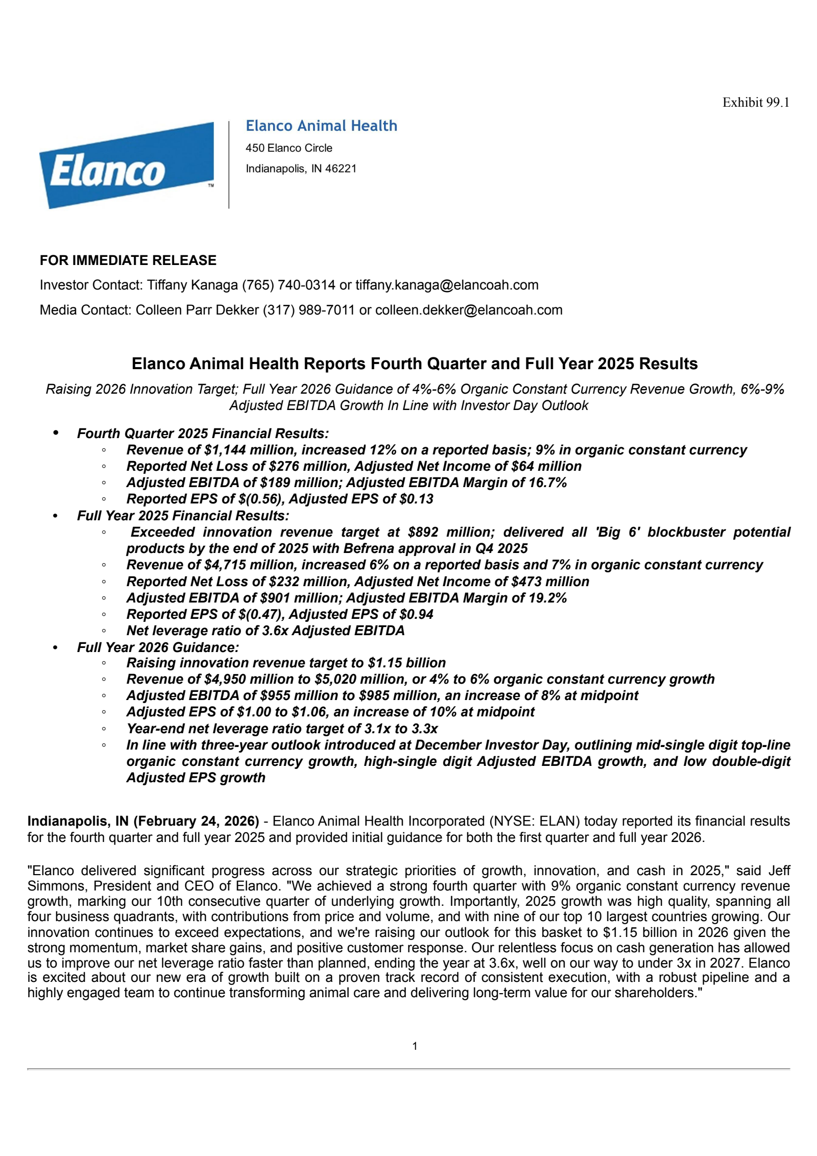 Elanco Animal Health's Q4 2025 Press Release