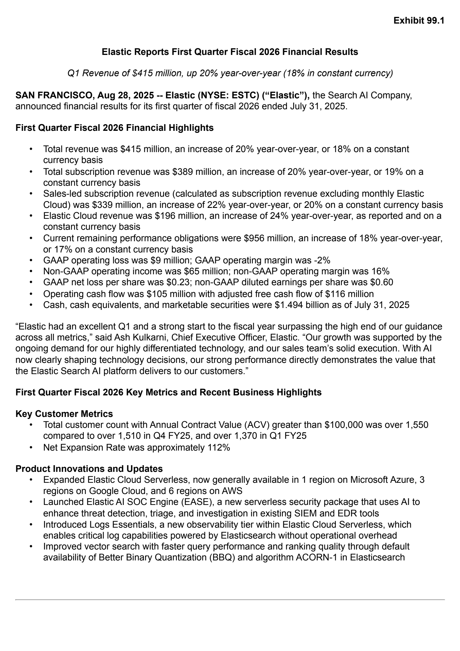 Elastic's Q1 2026 Press Release