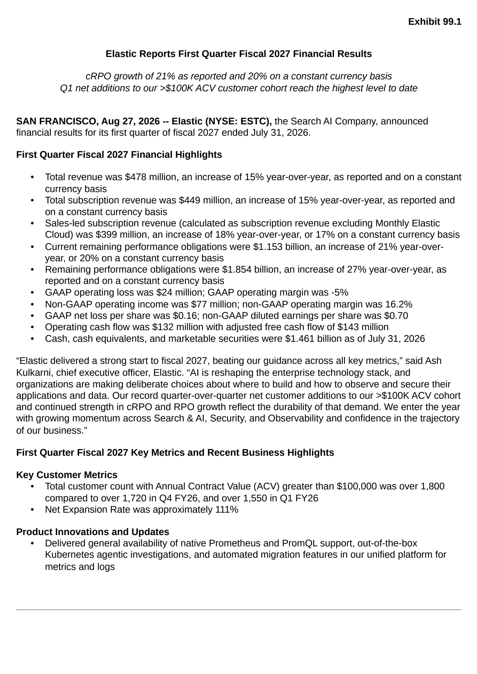 Elastic's Q1 2027 Press Release