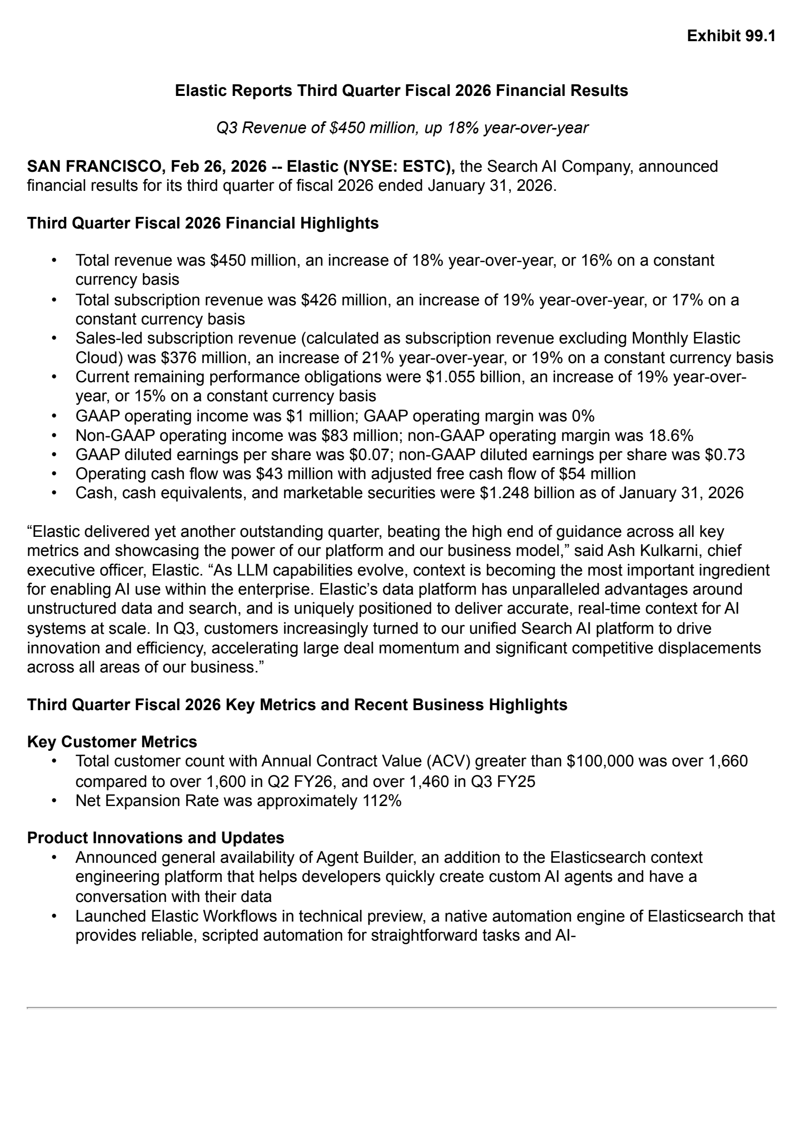 Elastic's Q3 2026 Press Release