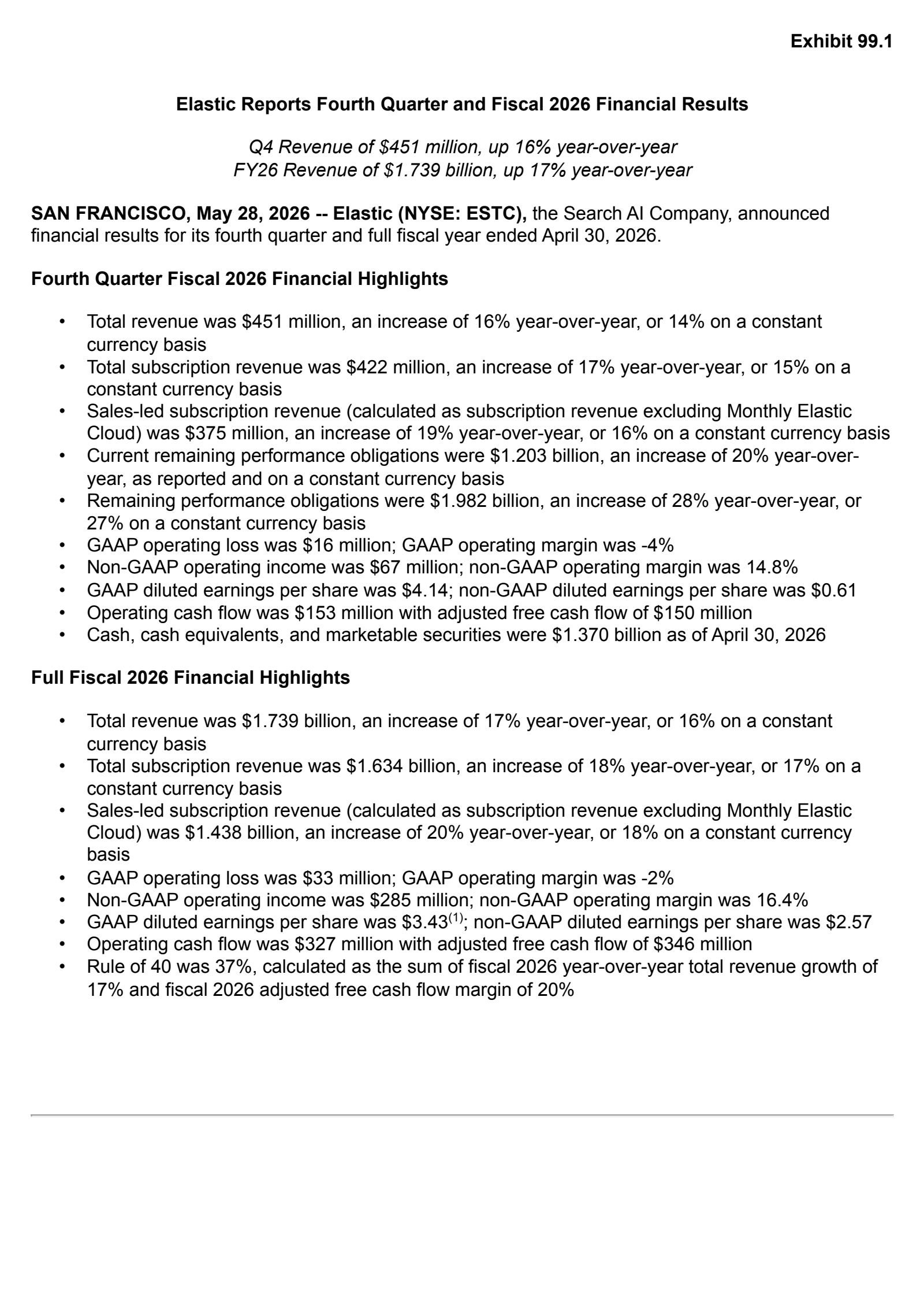 Elastic's Q4 2026 Press Release