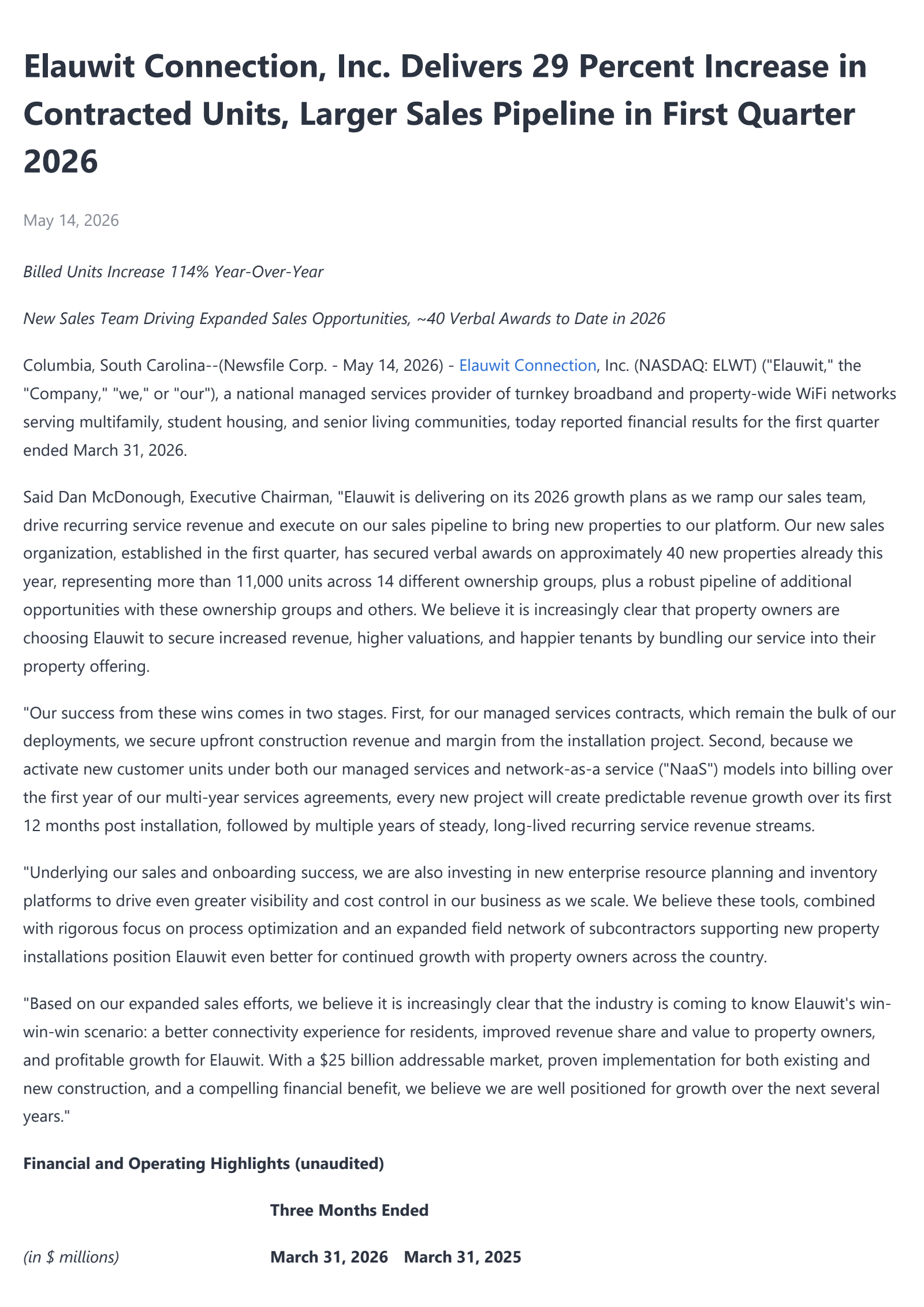 Elauwit Connection's Q1 2026 Press Release