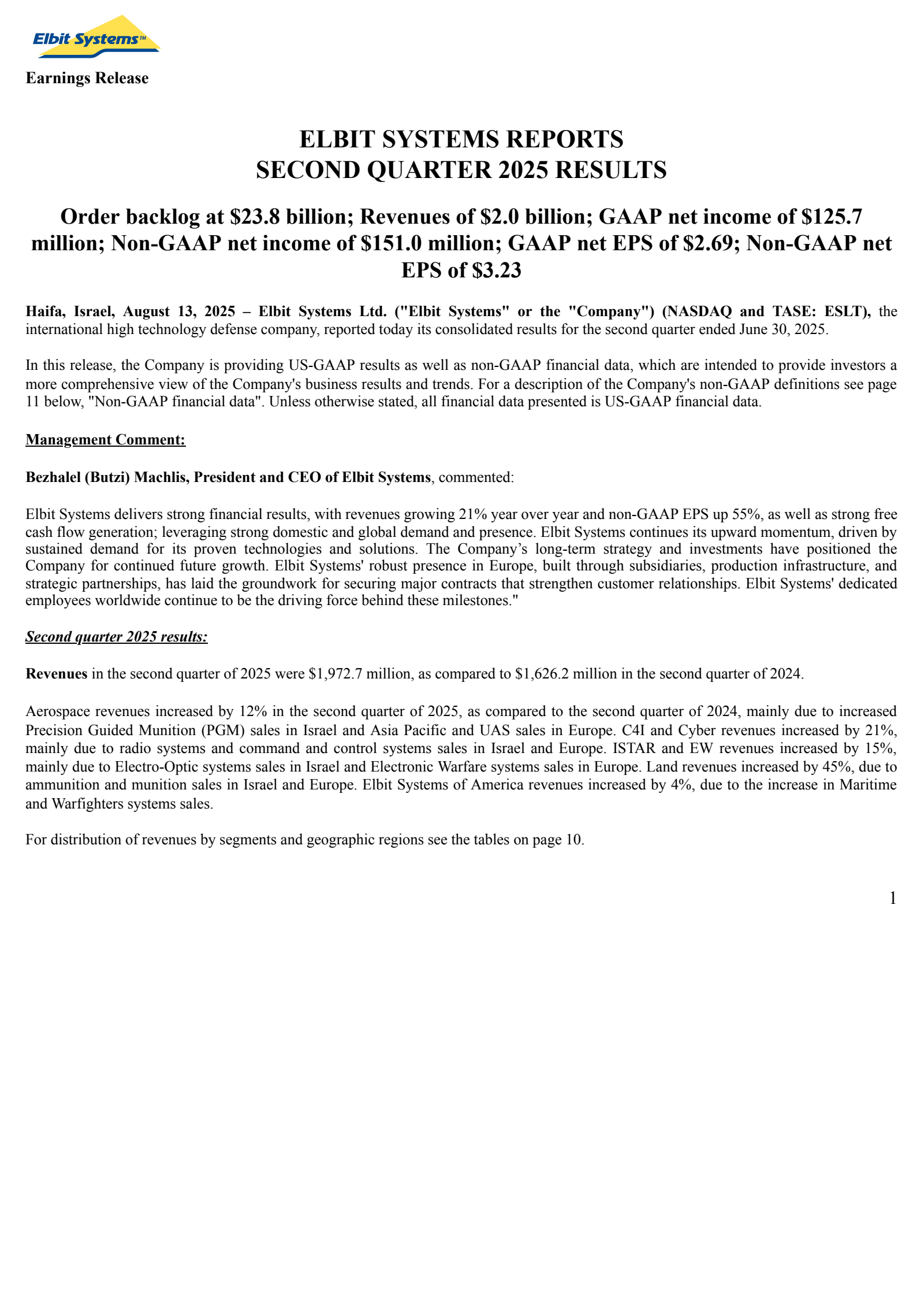 Elbit Systems' Q2 2025 Interim report