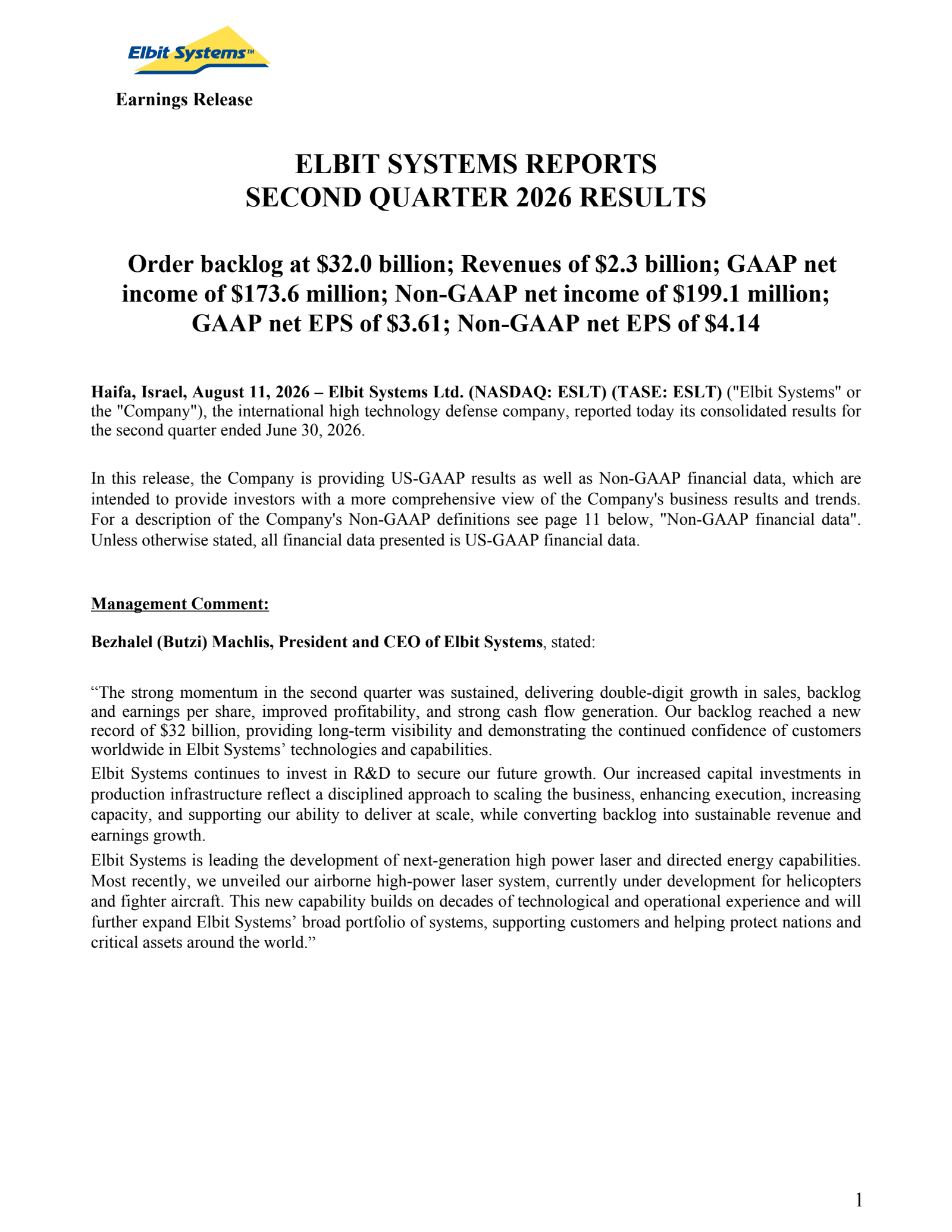 Elbit Systems' Q2 2026 Interim report