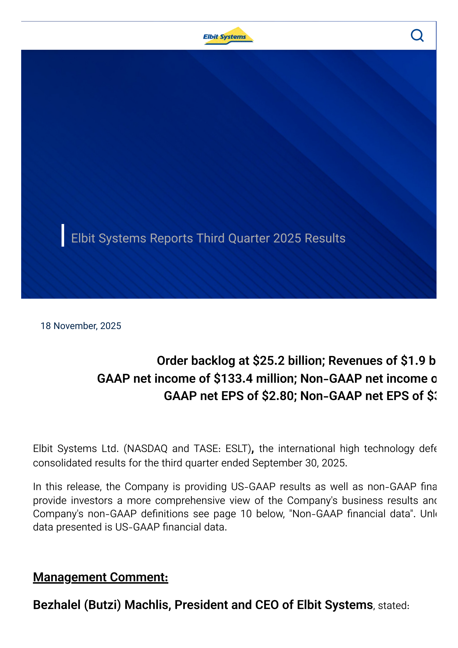 Elbit Systems' Q3 2025 Interim Report