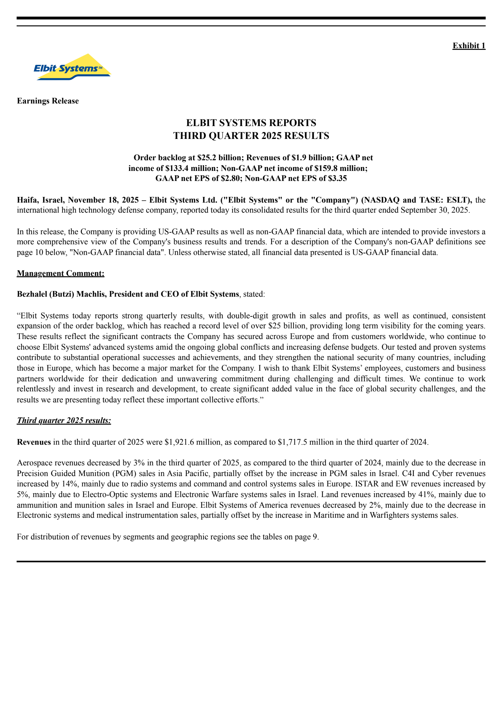 Elbit Systems' Q3 2025 Earnings Release