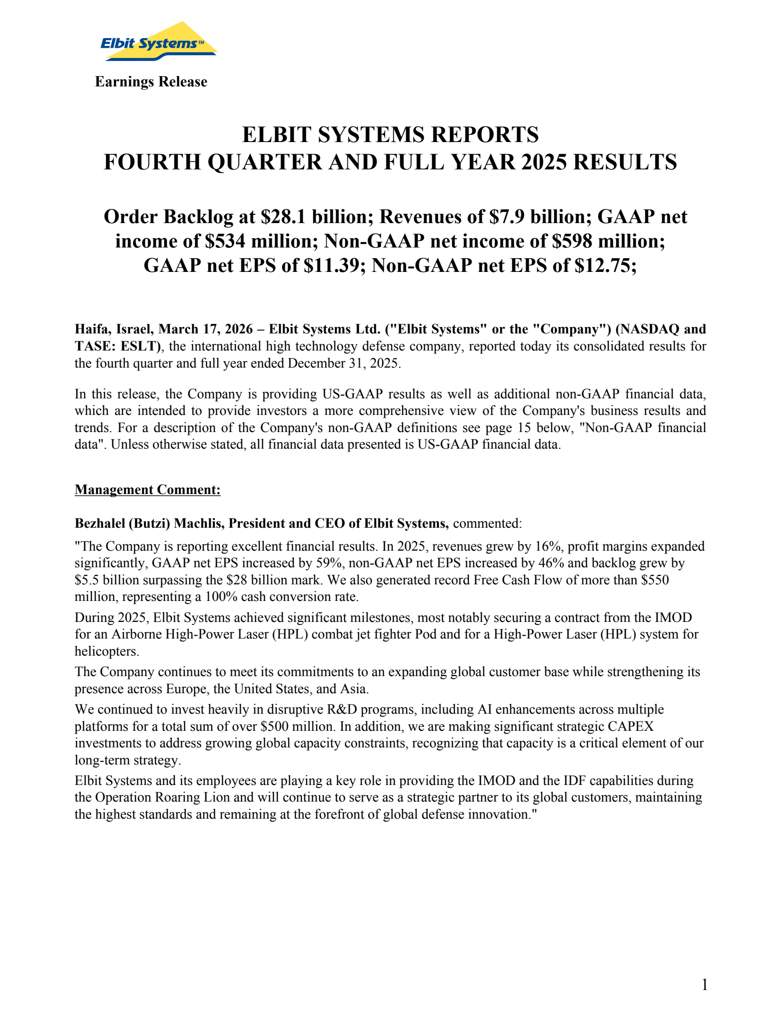 Elbit Systems' Q4 2025 Interim report