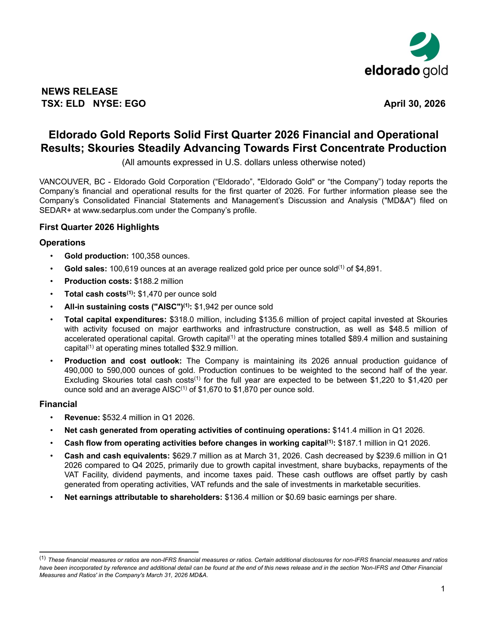 Eldorado Gold's Q1 2026 Press Release