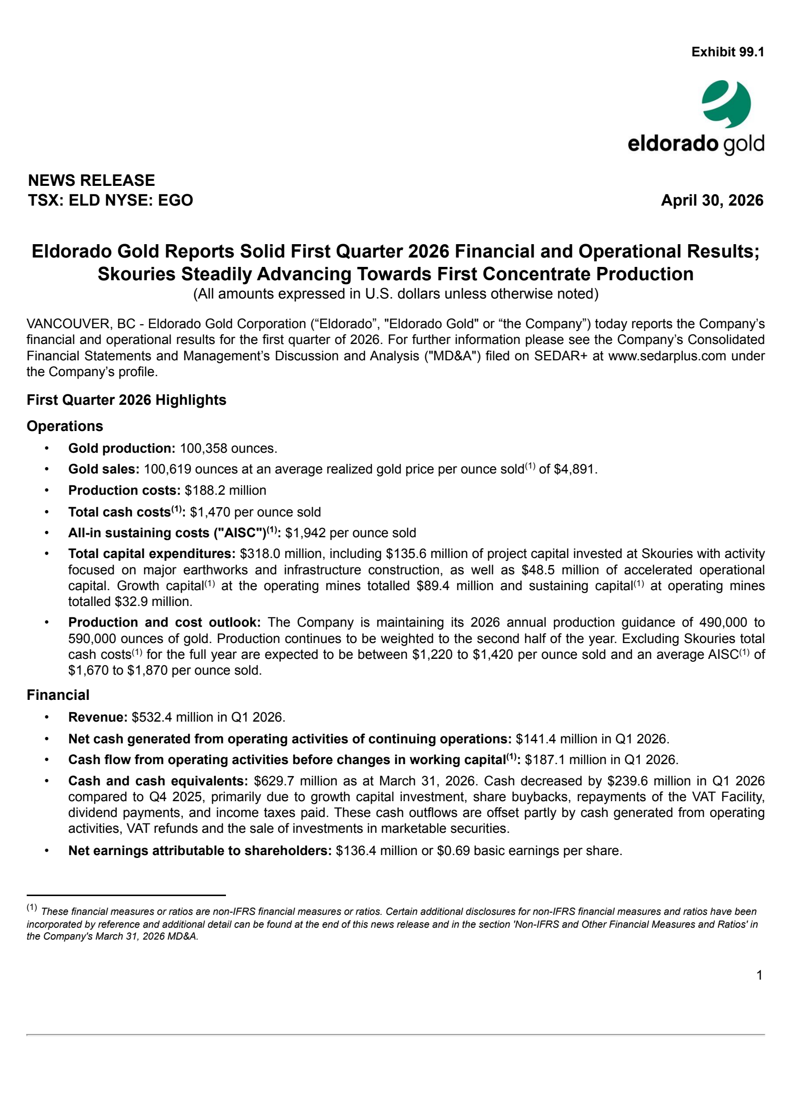 Eldorado Gold's Q1 2026 Press Release