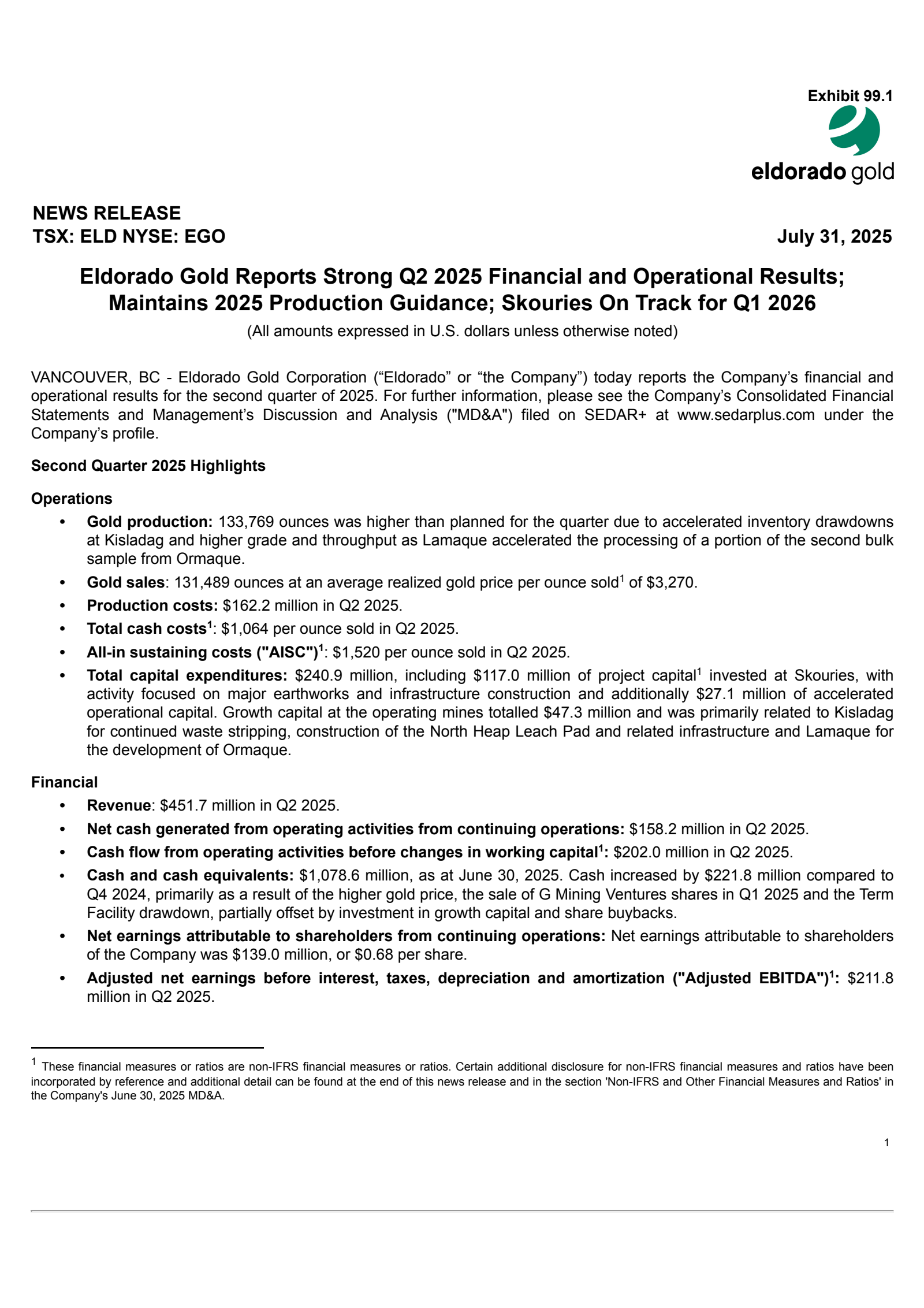 Eldorado Gold's Q2 2025 Press Release