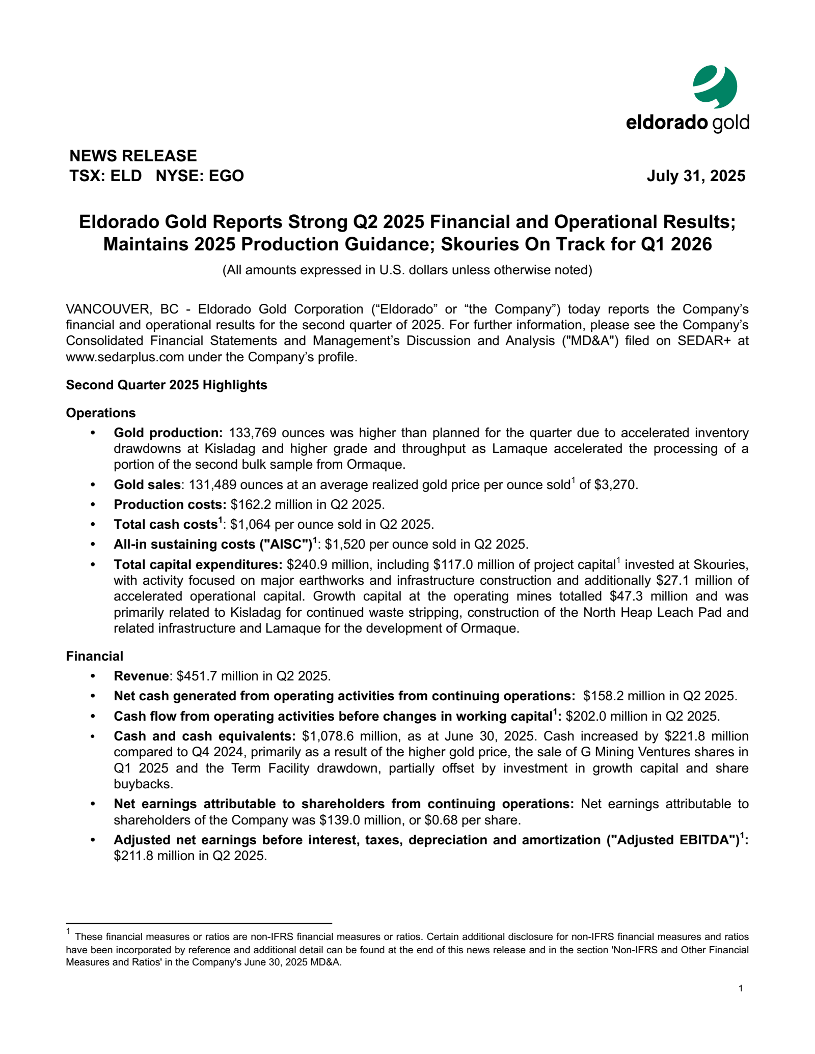 Eldorado Gold's Q2 2025 Press Release