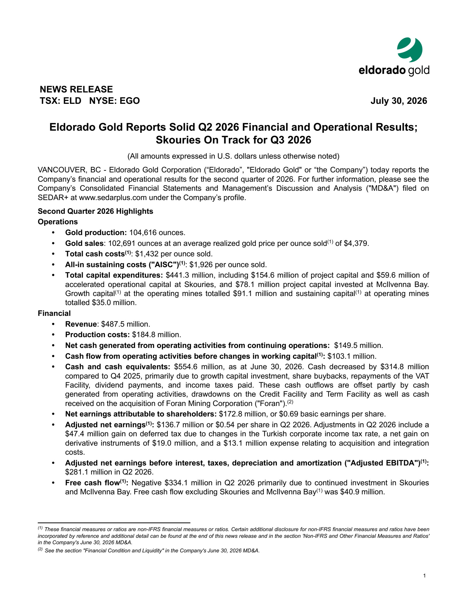 Eldorado Gold's Q2 2026 Press Release