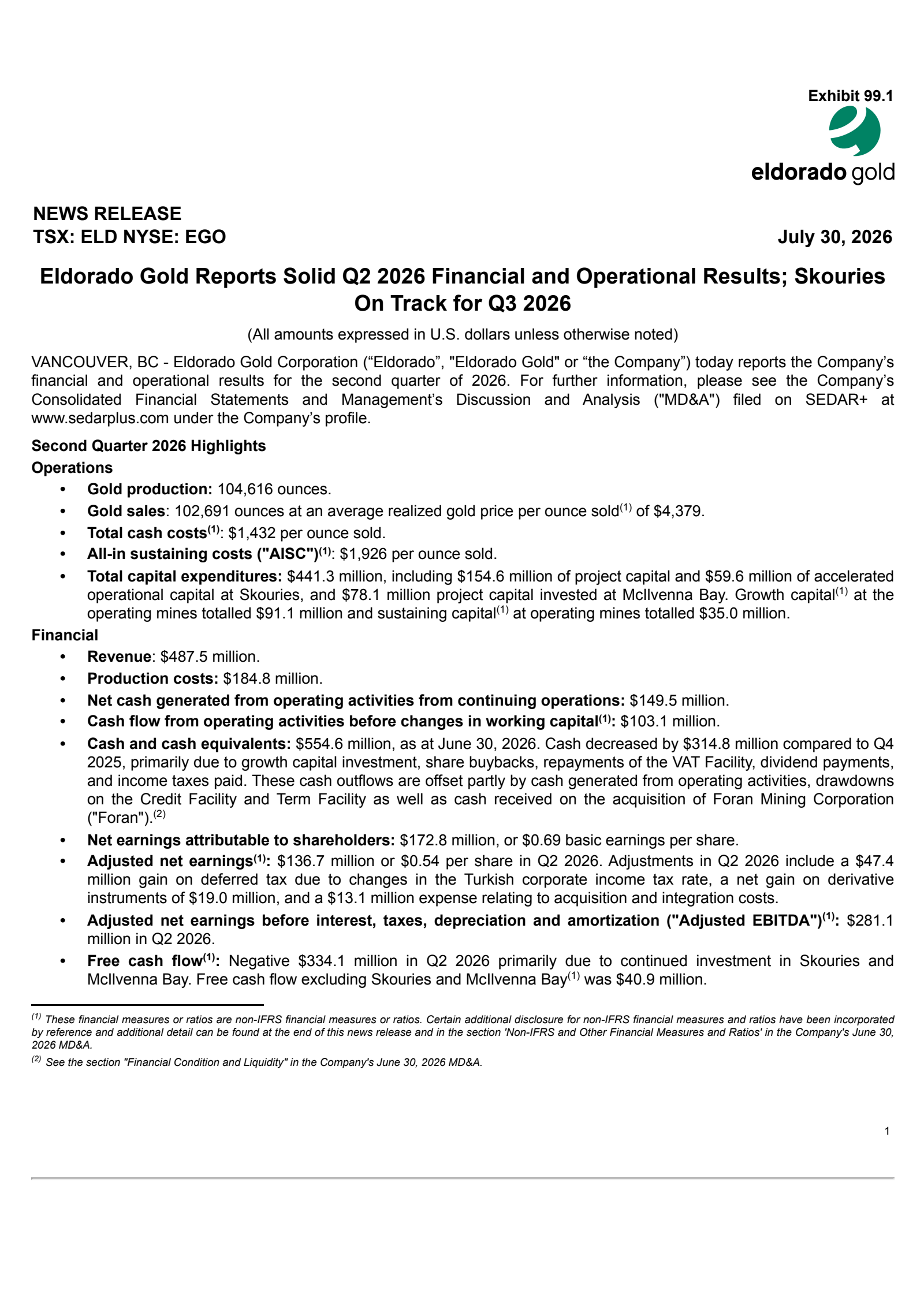 Eldorado Gold's Q2 2026 Press Release