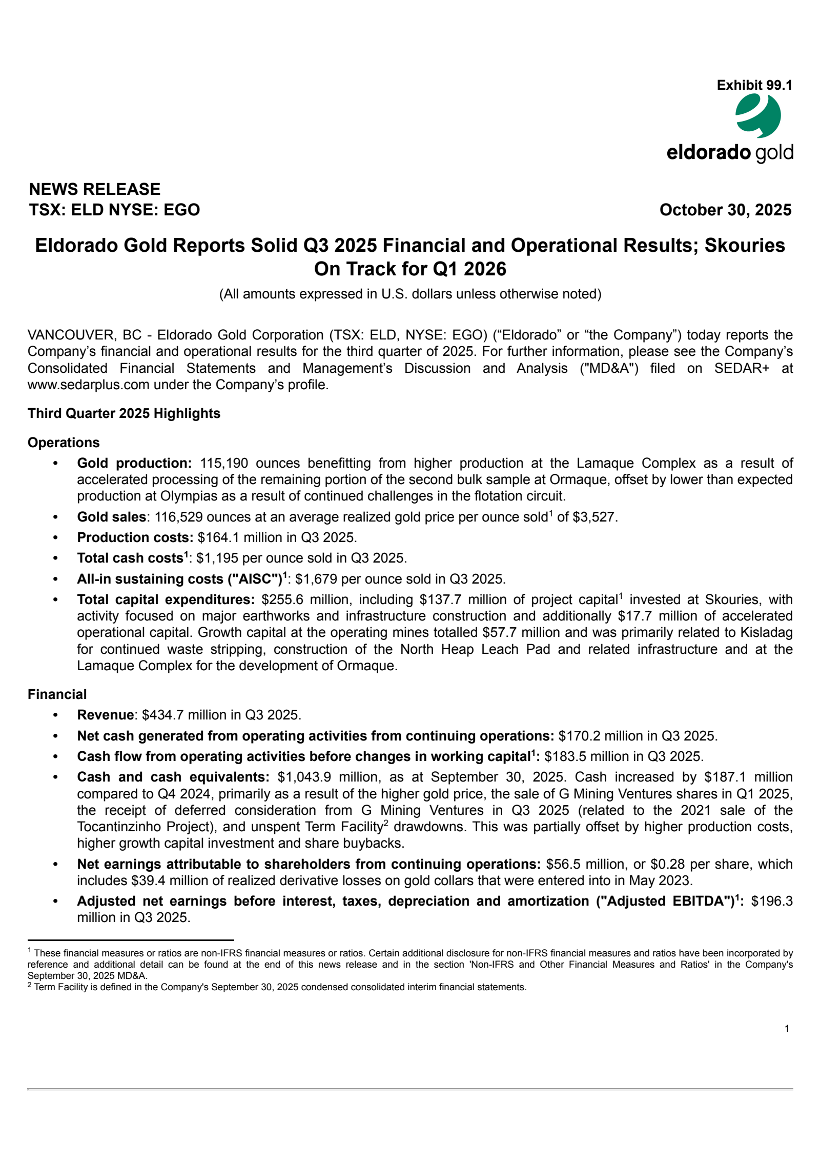 Eldorado Gold's Q3 2025 Earnings Release