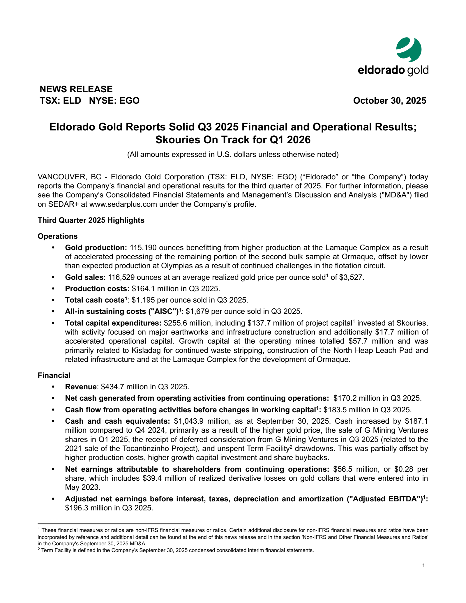 Eldorado Gold's Q3 2025 Earnings Release