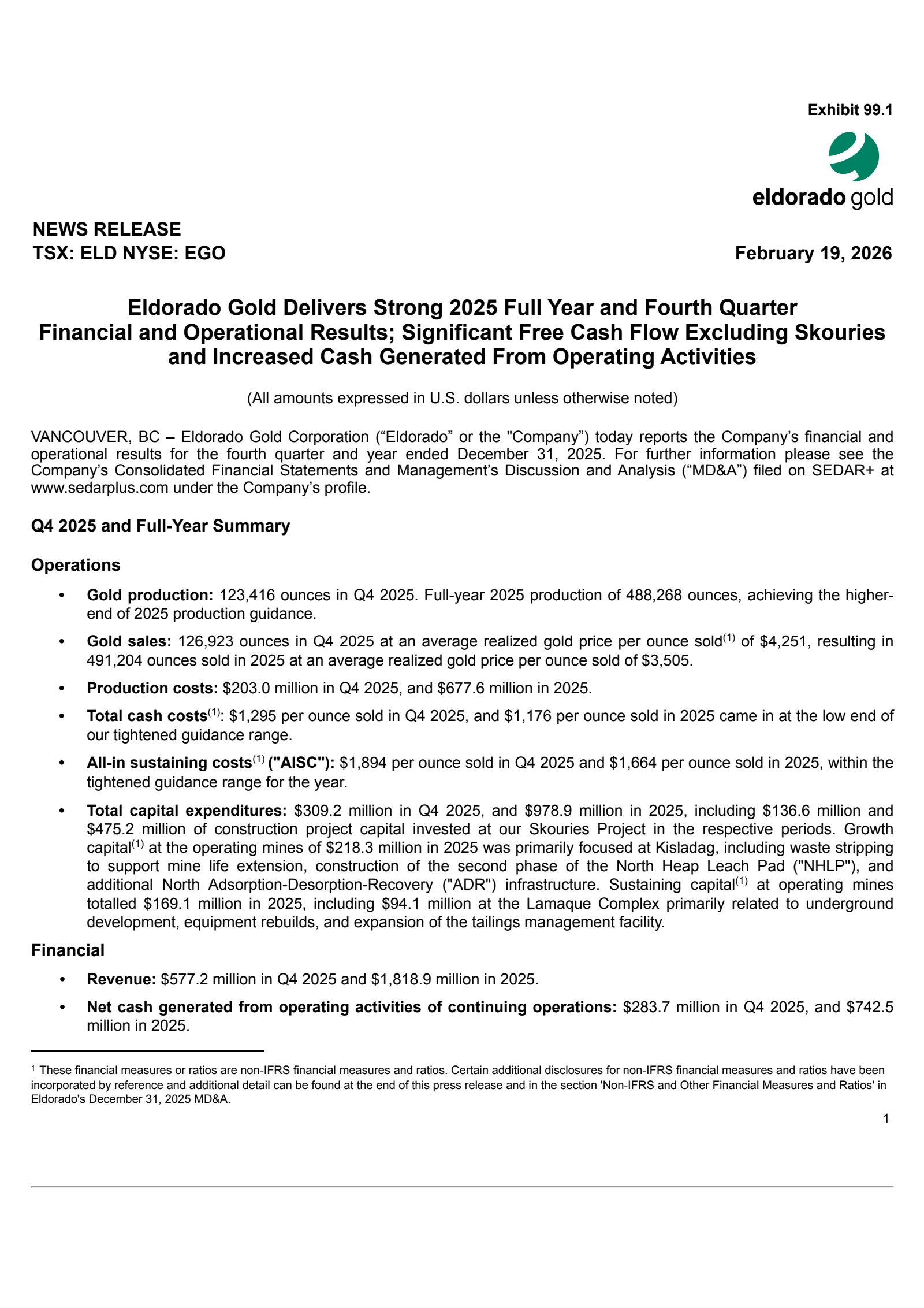 Eldorado Gold's Q4 2025 Press Release
