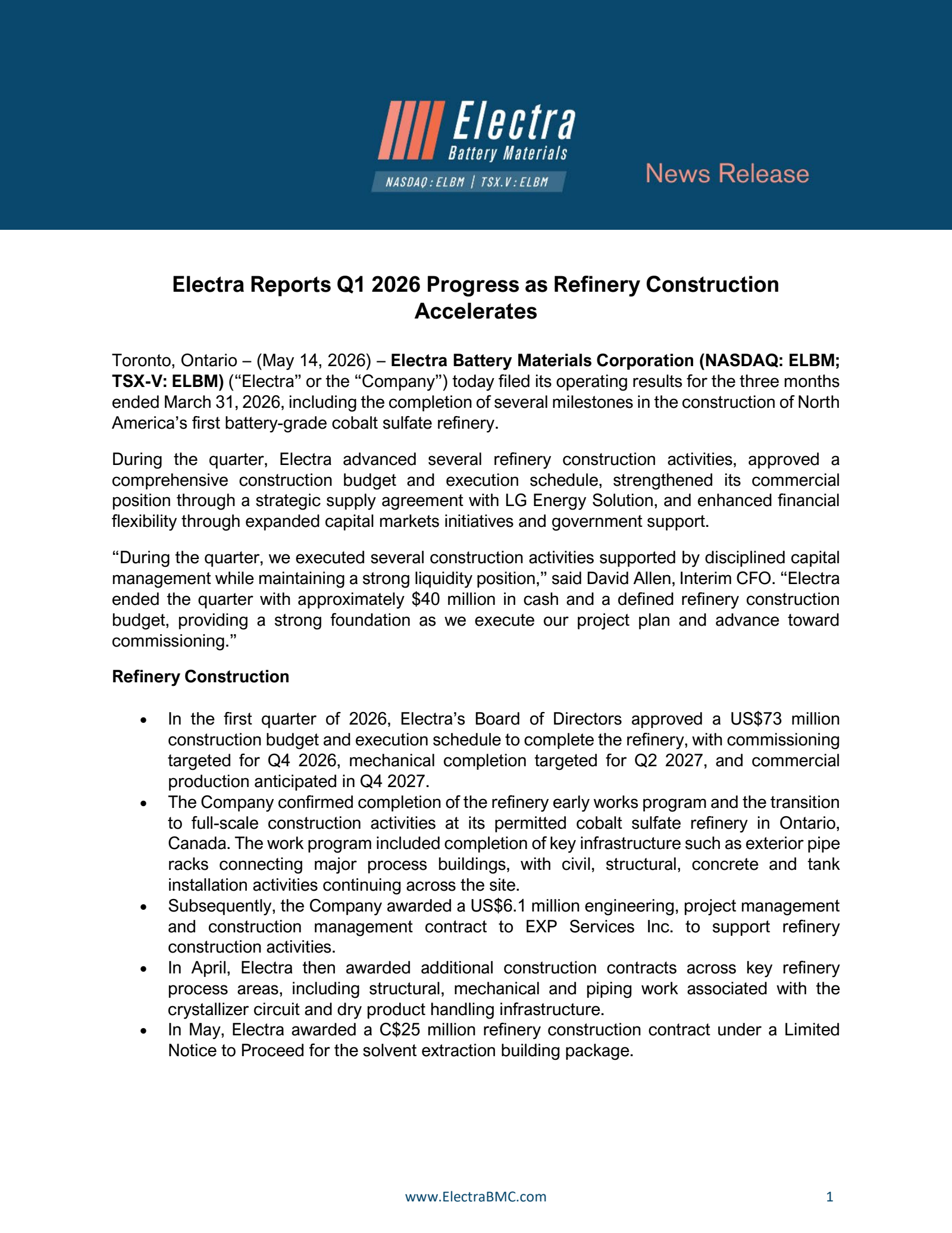Electra Battery Materials' Q1 2026 Press Release