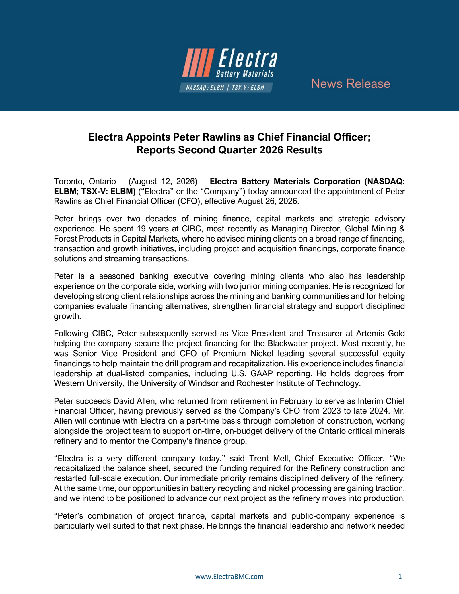 Electra Battery Materials' Q2 2026 Press Release