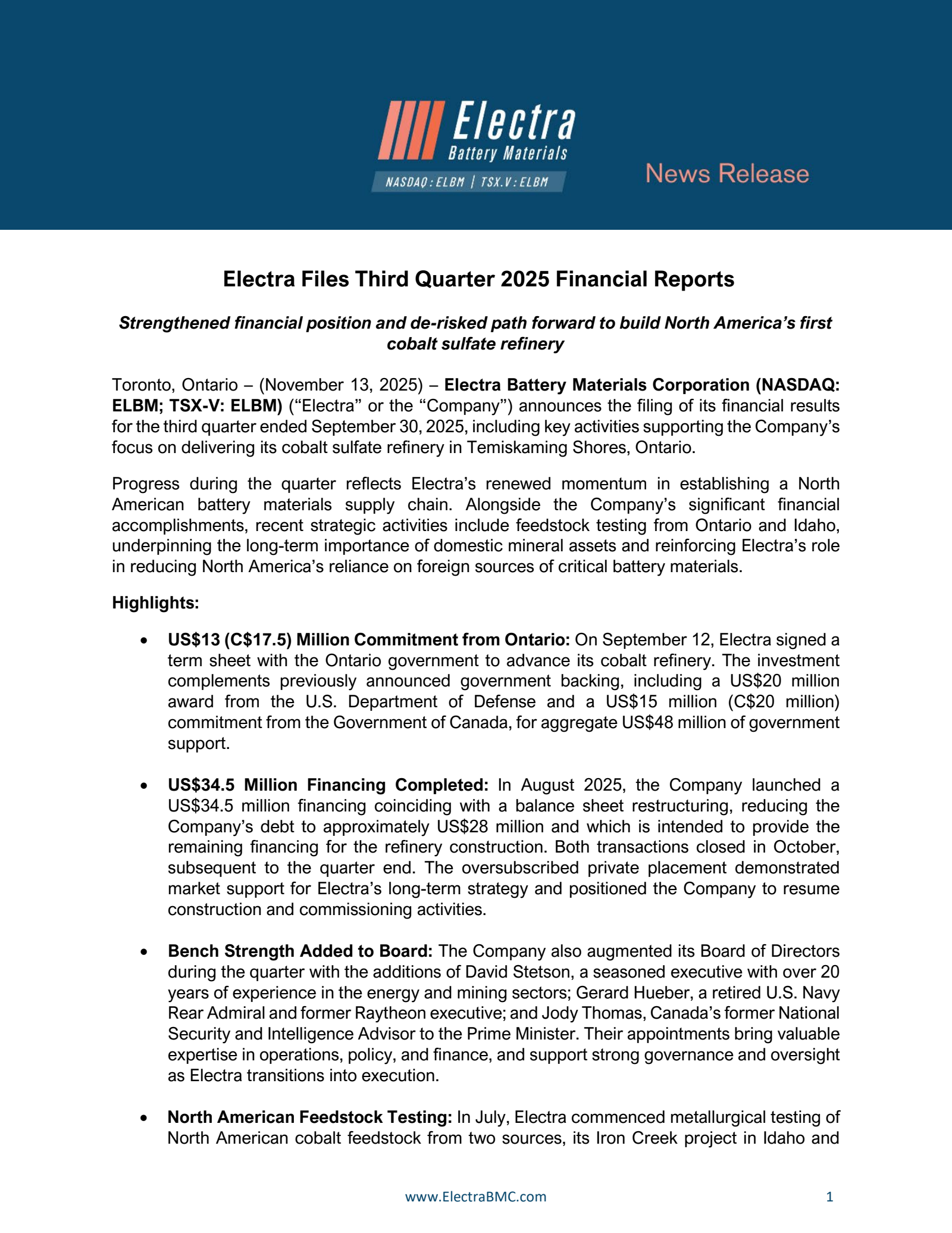 Electra Battery Materials' Q3 2025 Earnings Release