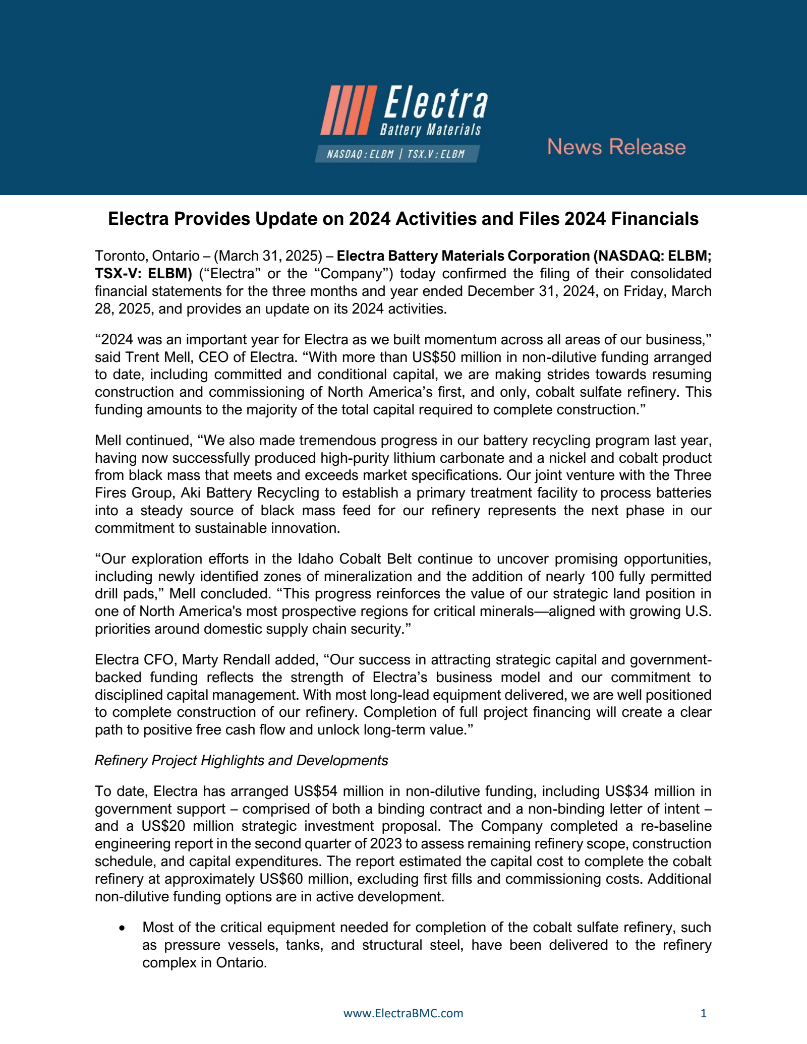 Electra Battery Materials' Q4 2024 Press Release