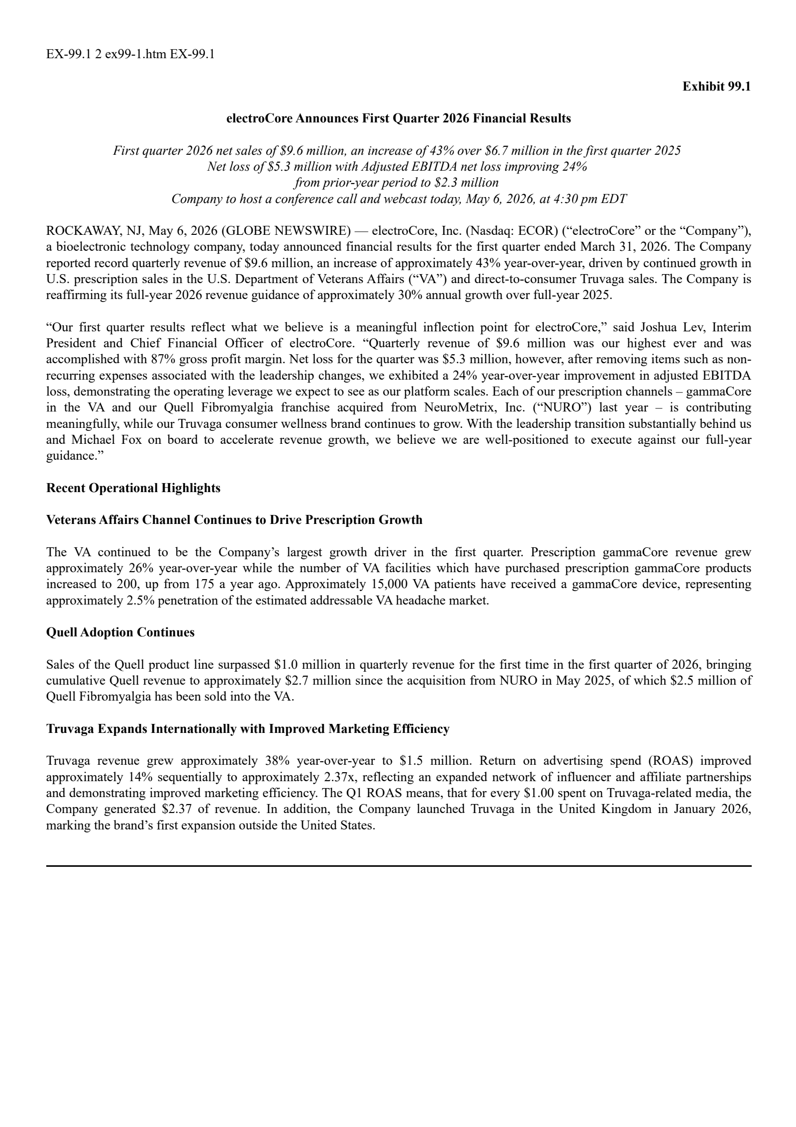 electroCore's Q1 2026 Press Release