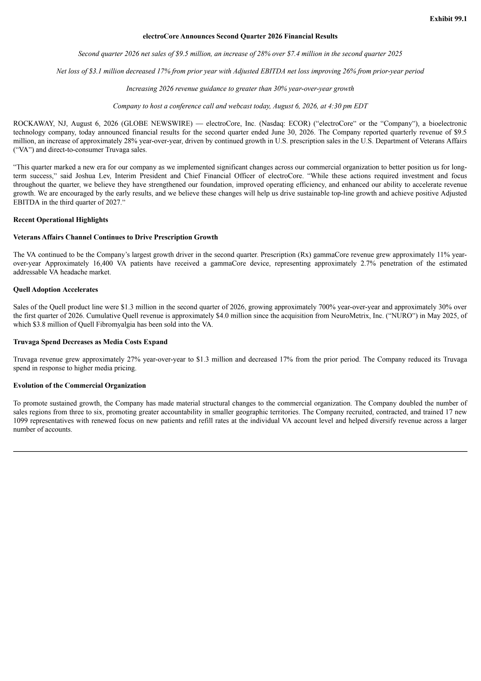 electroCore's Q2 2026 Press Release