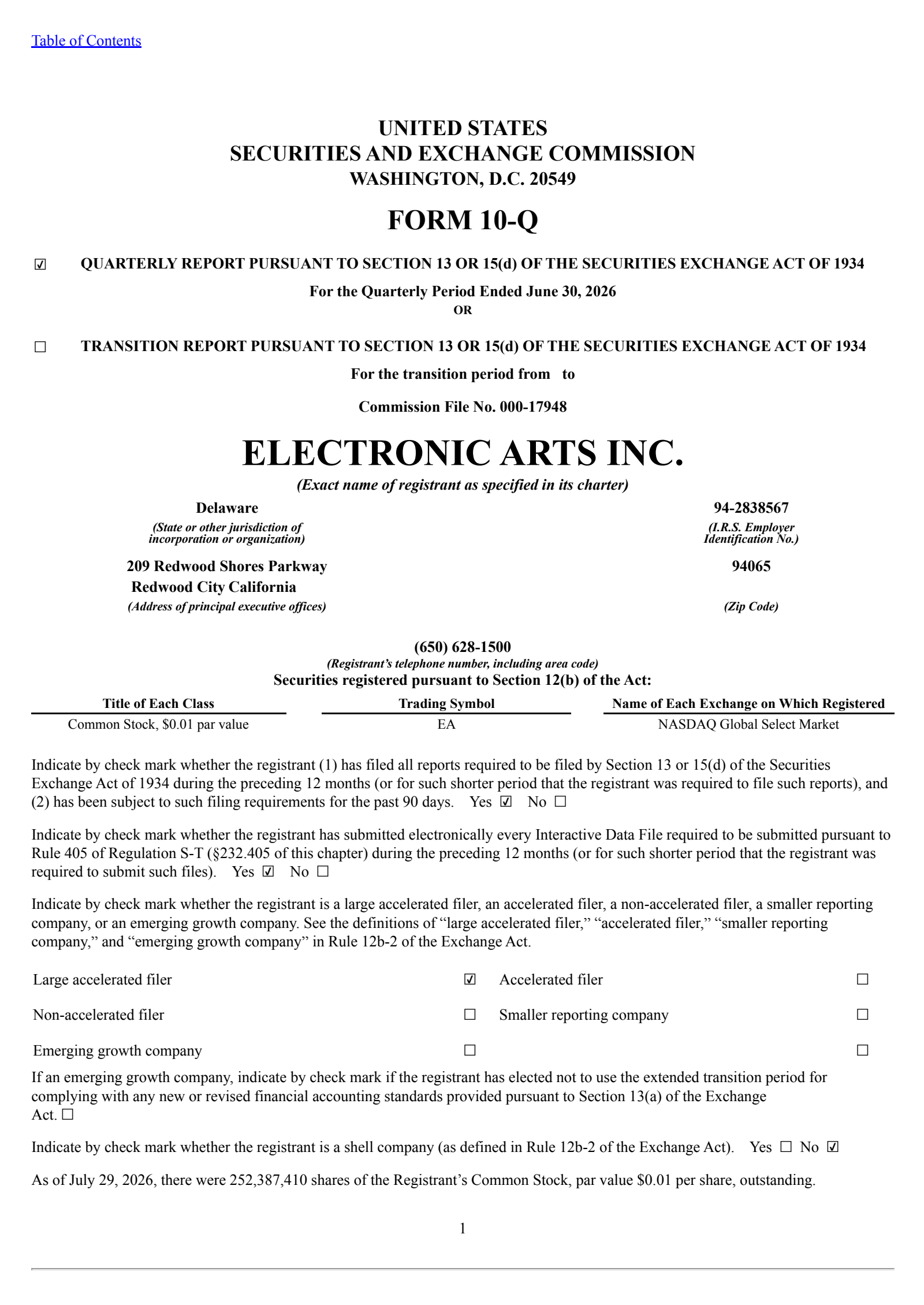 Electronic Arts' Q1 2027 Quarterly report