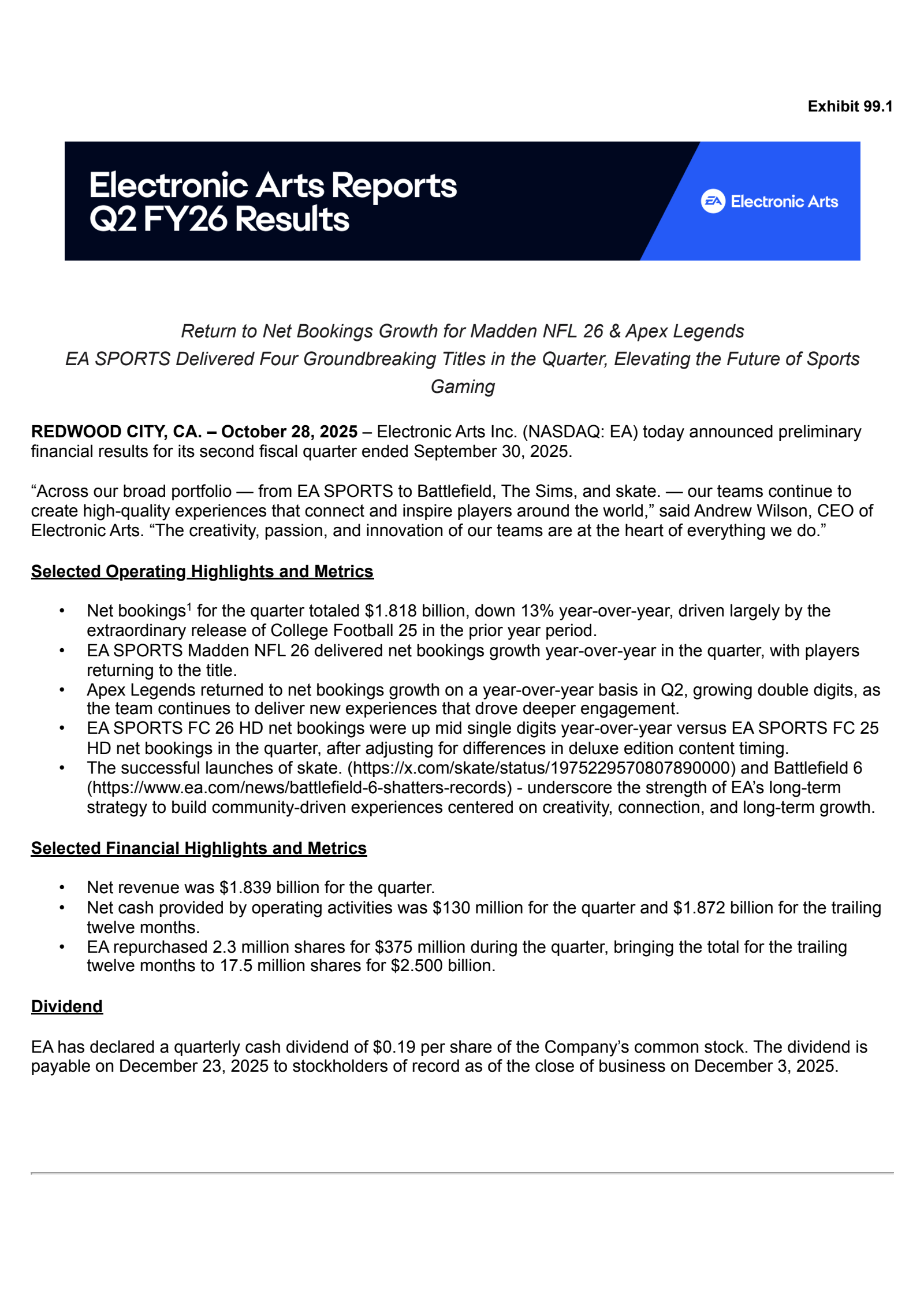 Electronic Arts' Q2 2026 Earnings Release