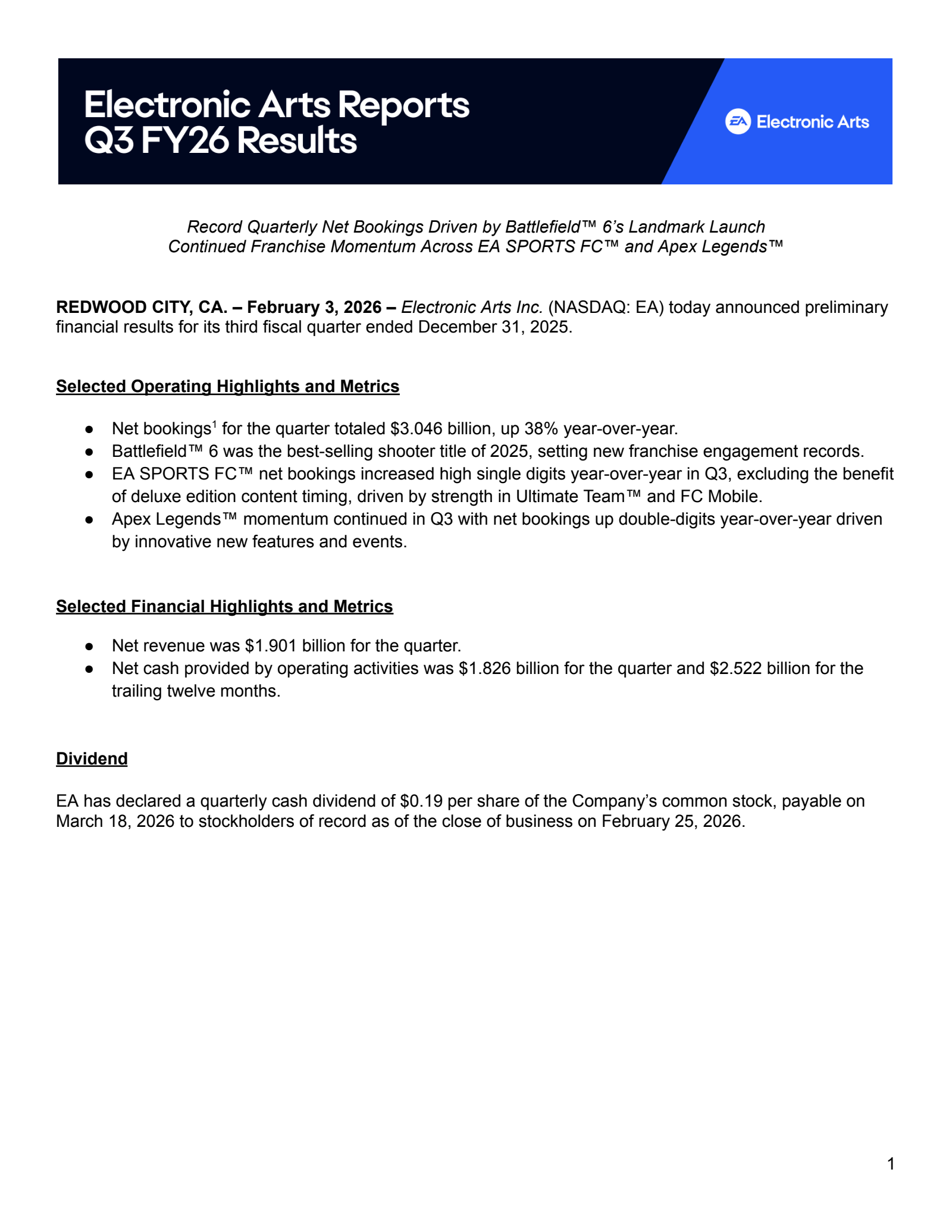 Electronic Arts' Q3 2026 Press Release