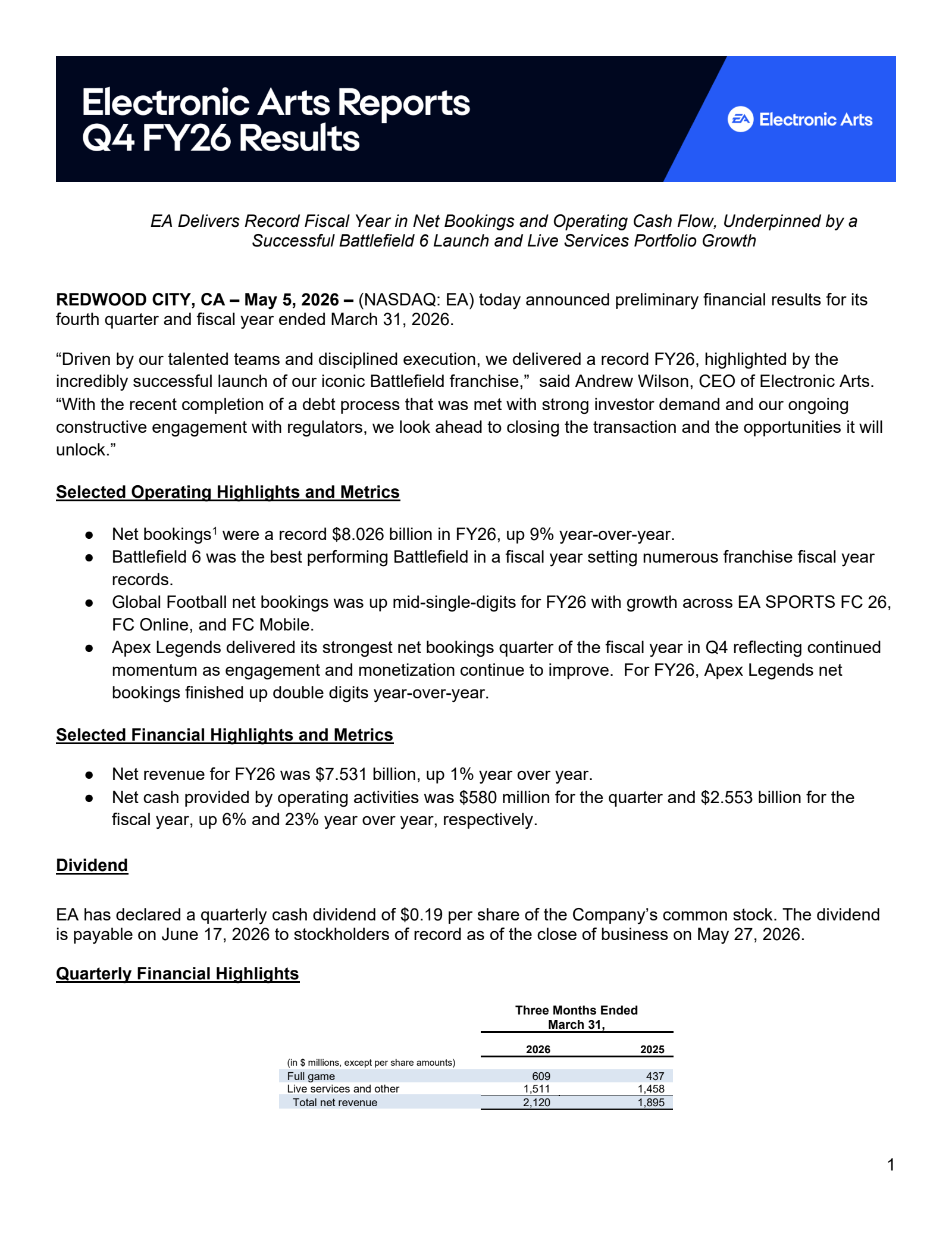 Electronic Arts' Q4 2026 Press Release