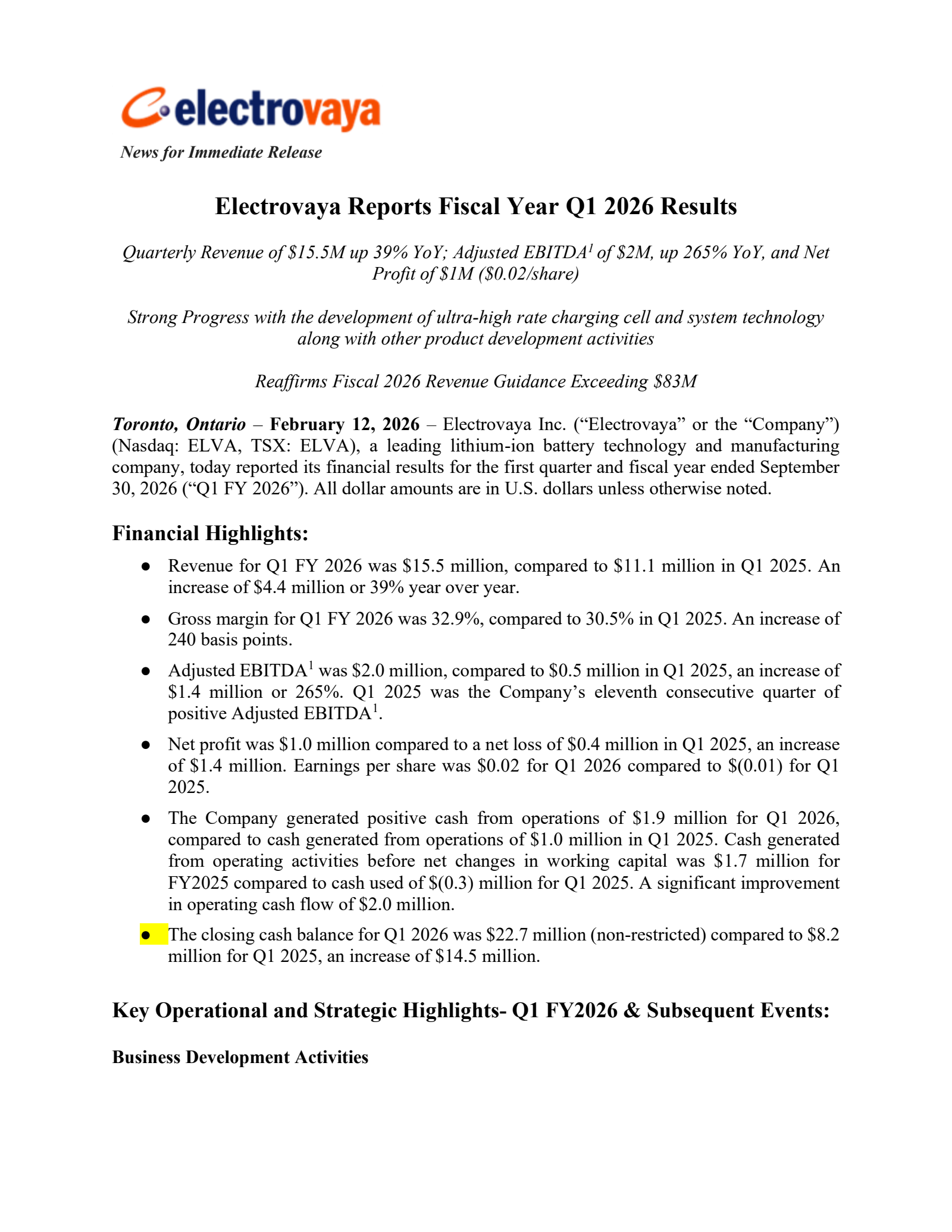 Electrovaya's Q1 2026 Press Release