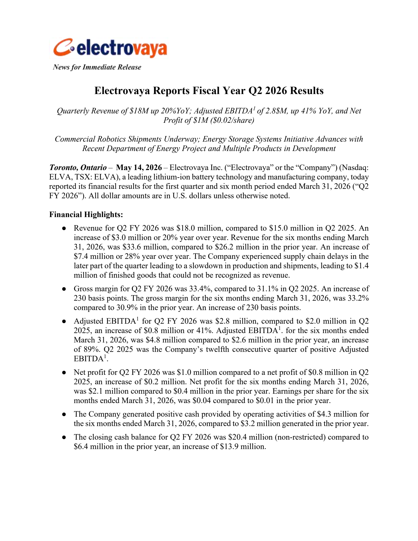 Electrovaya's Q2 2026 Press Release