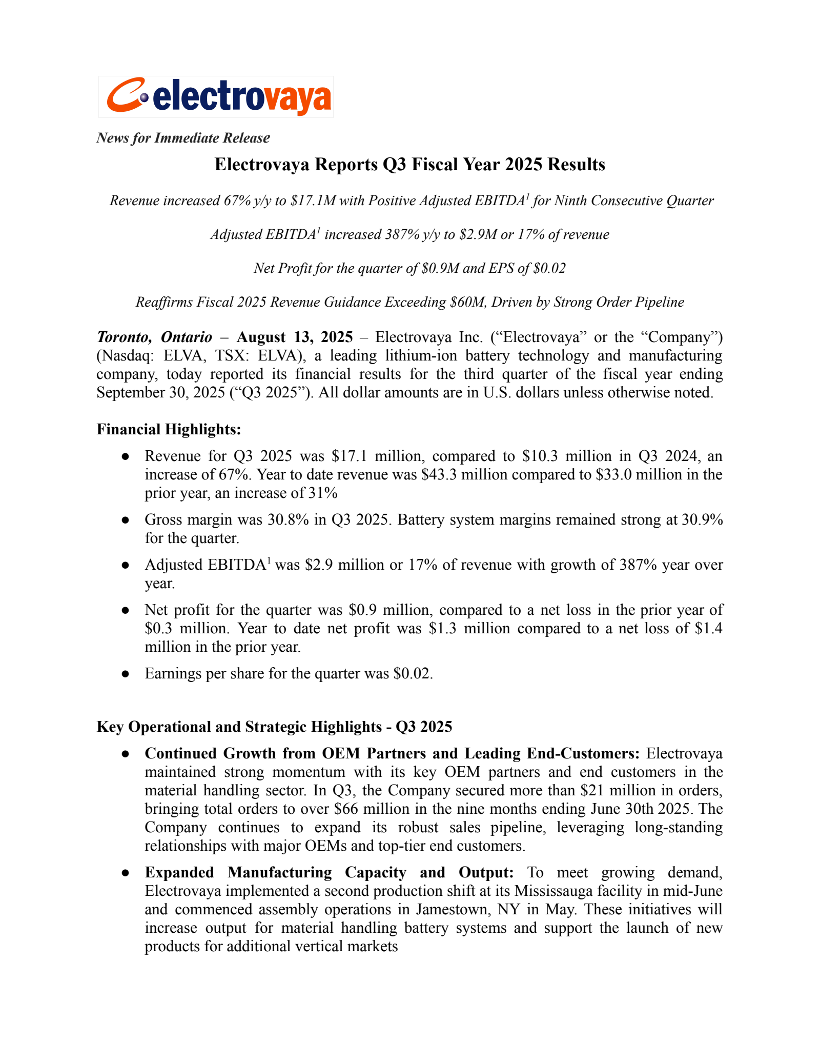 Electrovaya's Q3 2025 Press Release