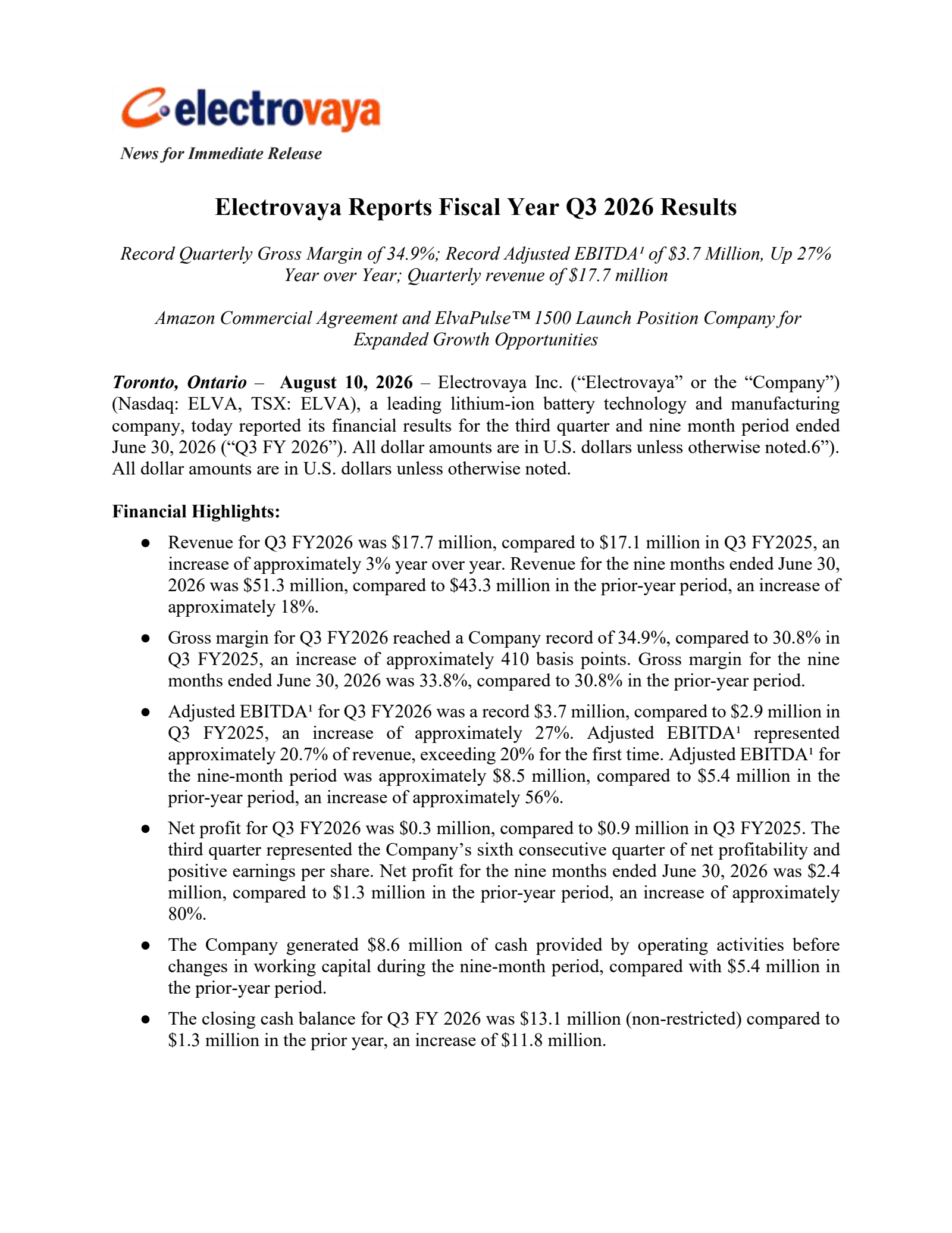 Electrovaya's Q3 2026 Press Release