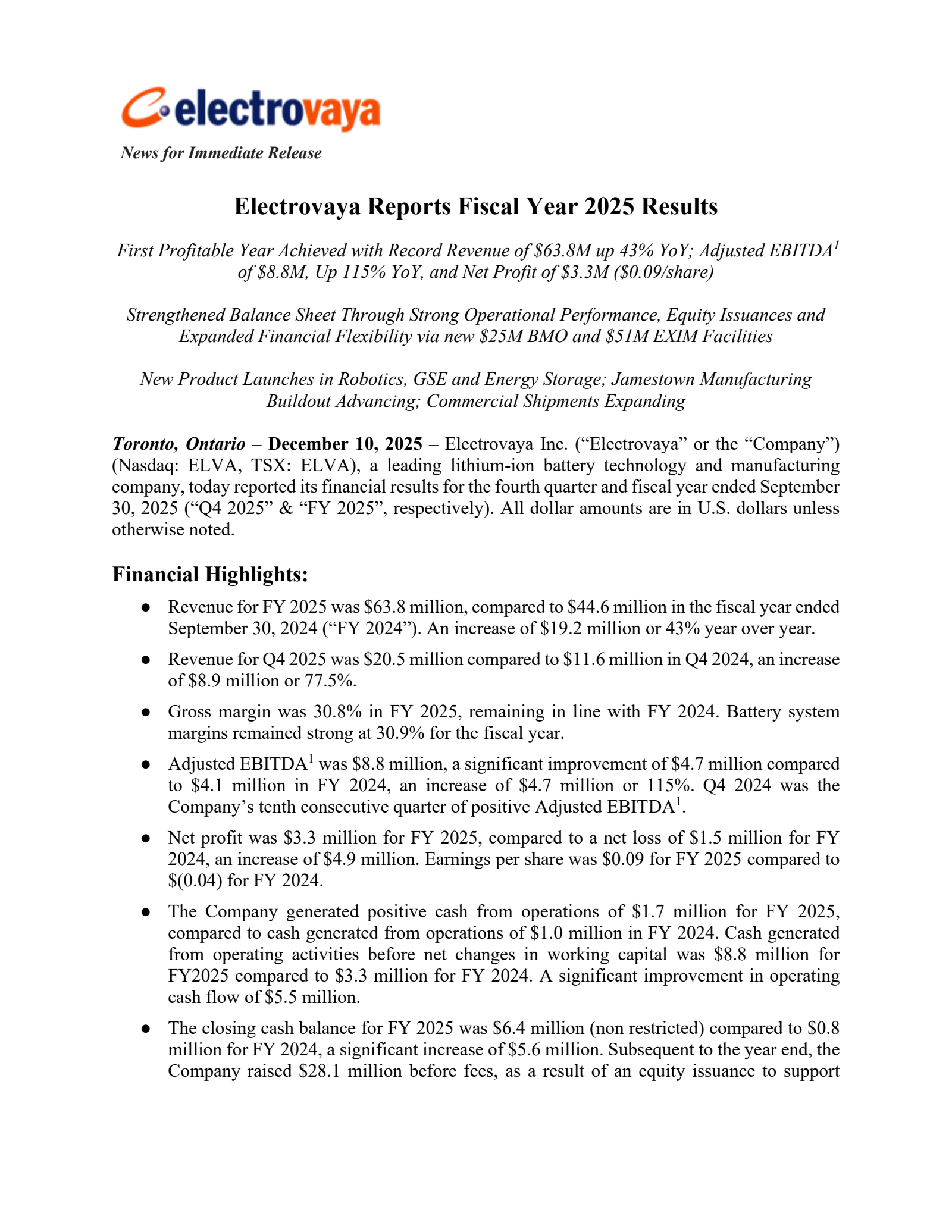 Electrovaya's Q4 2025 Earnings Release