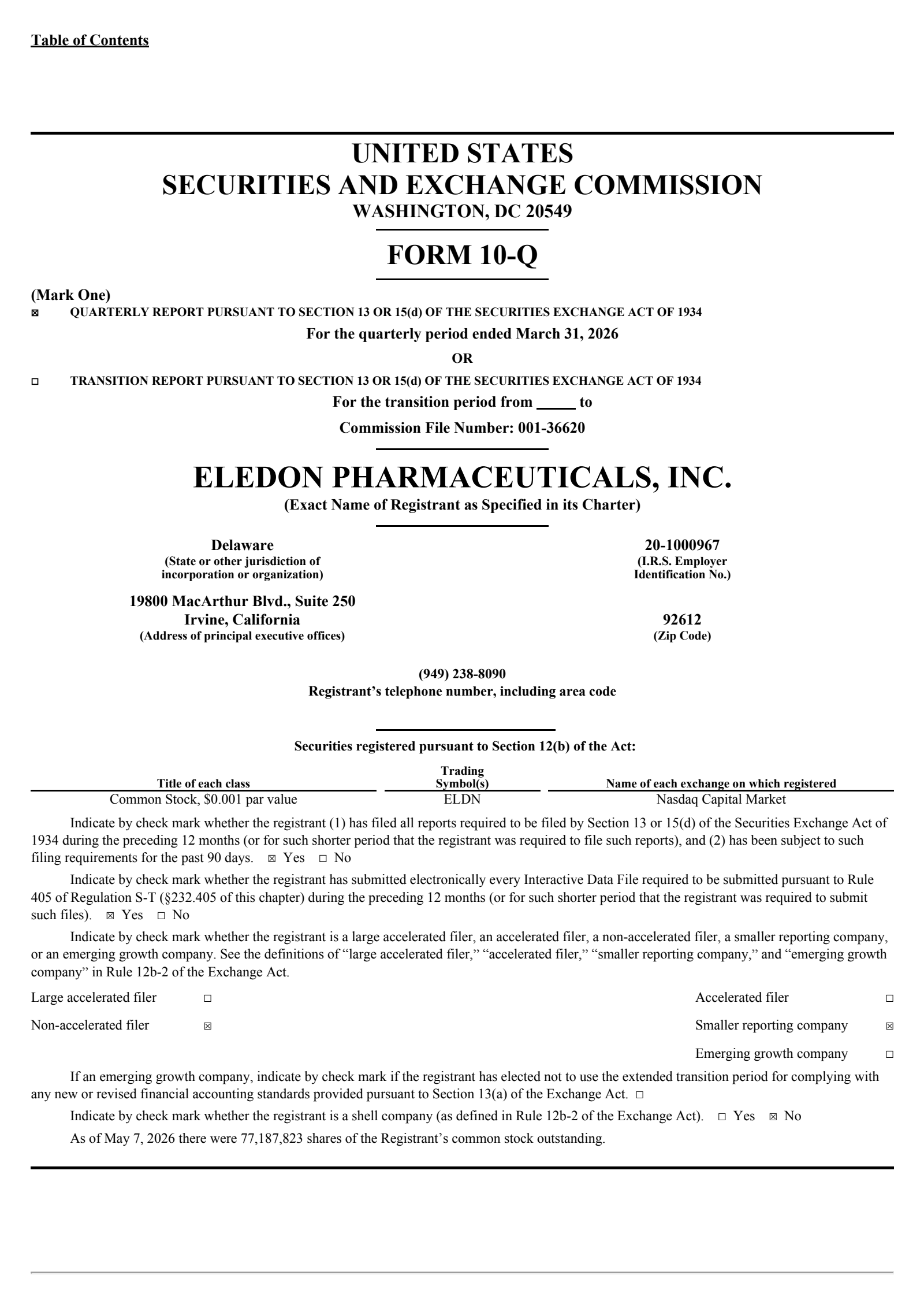 Eledon Pharmaceuticals' Q1 2026 Quarterly report